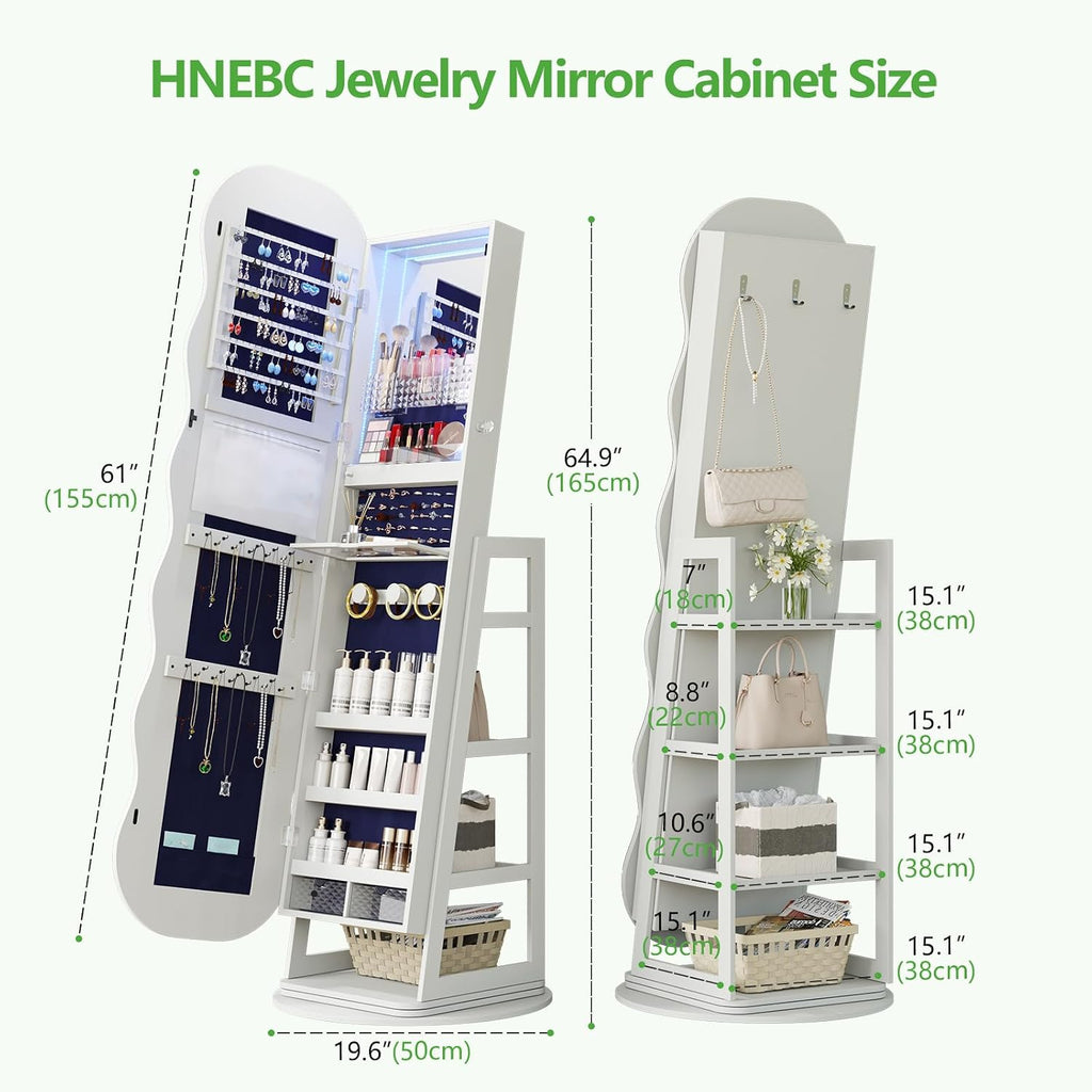 HNEBC 360° Swivel Jewelry Cabinet with Lights, LED Jewelry Armoire with Mirror, Wavy Wide Full-Length Mirror with Storage, Lockable Mirror Jewelry Cabinet Standing (White)