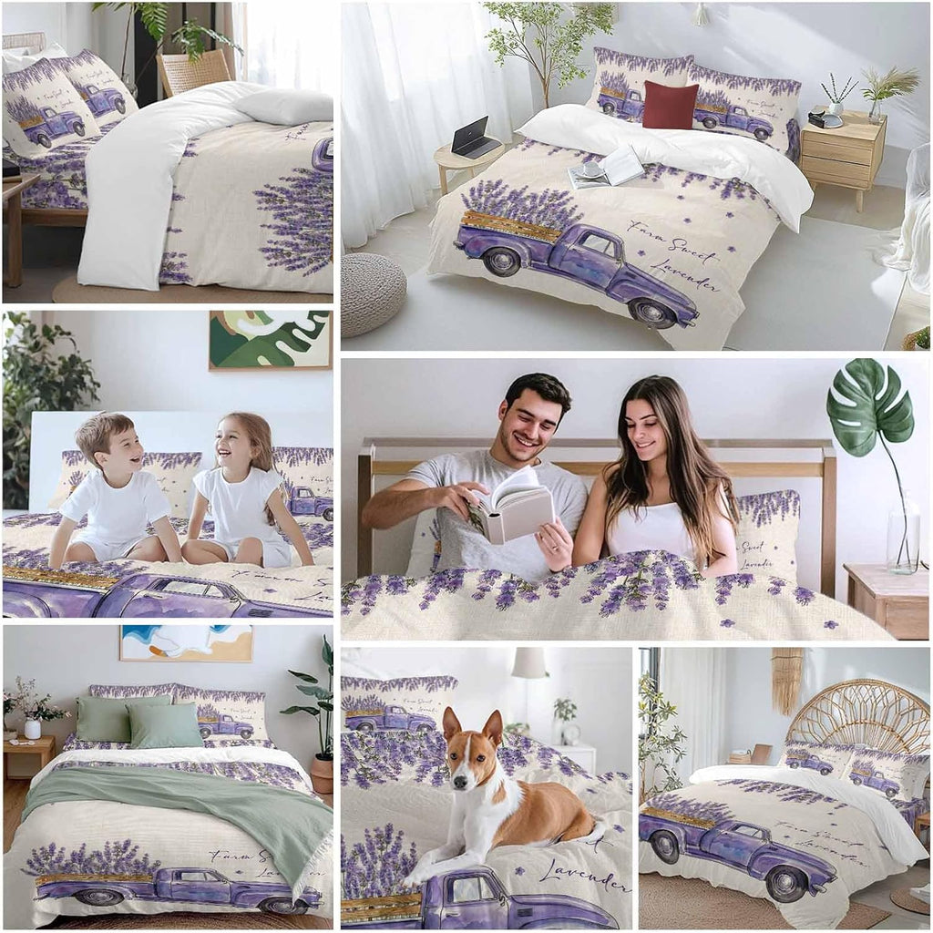 Purple Floral Duvet Cover Set Queen Size 4 Pieces Farm Sweet Lavender Truck Rustic Linen Texture Bedding Set with Zipper Closure, 1 Comforter Cover 92x106 Inches 1 Flat Sheet & 2 Pillow Cases