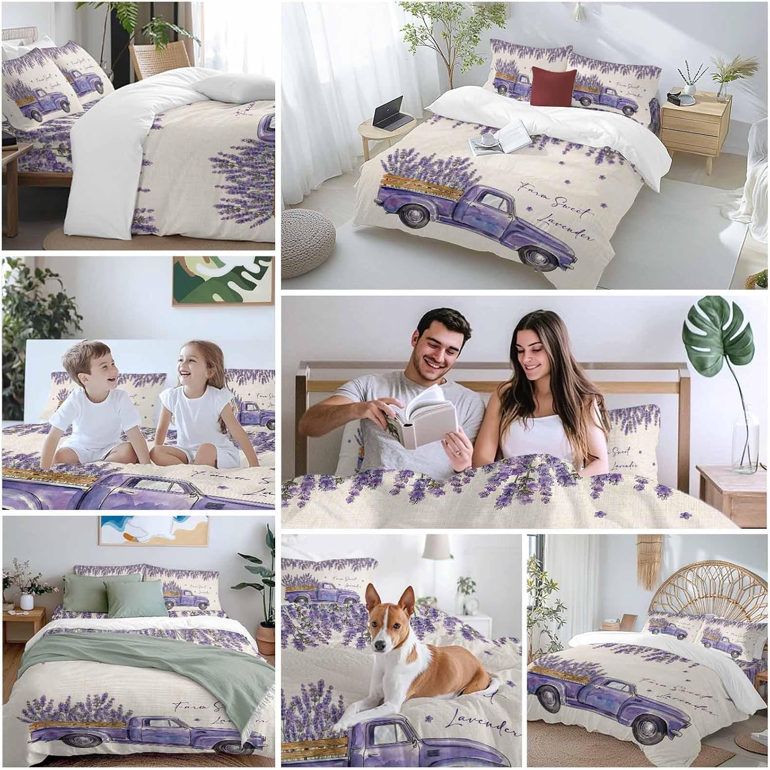Purple Floral Duvet Cover Set Queen Size 4 Pieces Farm Sweet Lavender Truck Rustic Linen Texture Bedding Set with Zipper Closure, 1 Comforter Cover 92x106 Inches 1 Flat Sheet & 2 Pillow Cases