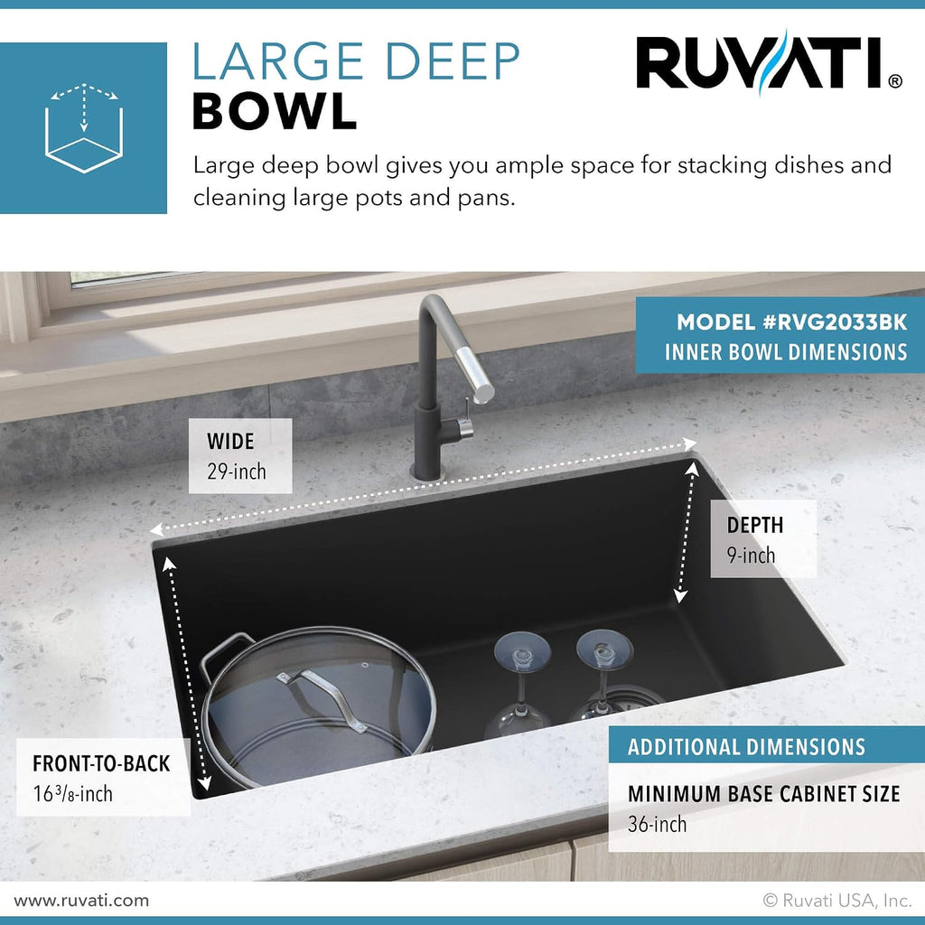 Ruvati 32 x 19 inch epiGranite Undermount Granite Composite Quartz Single Bowl Kitchen Sink - Midnight Black - RVG2033BK