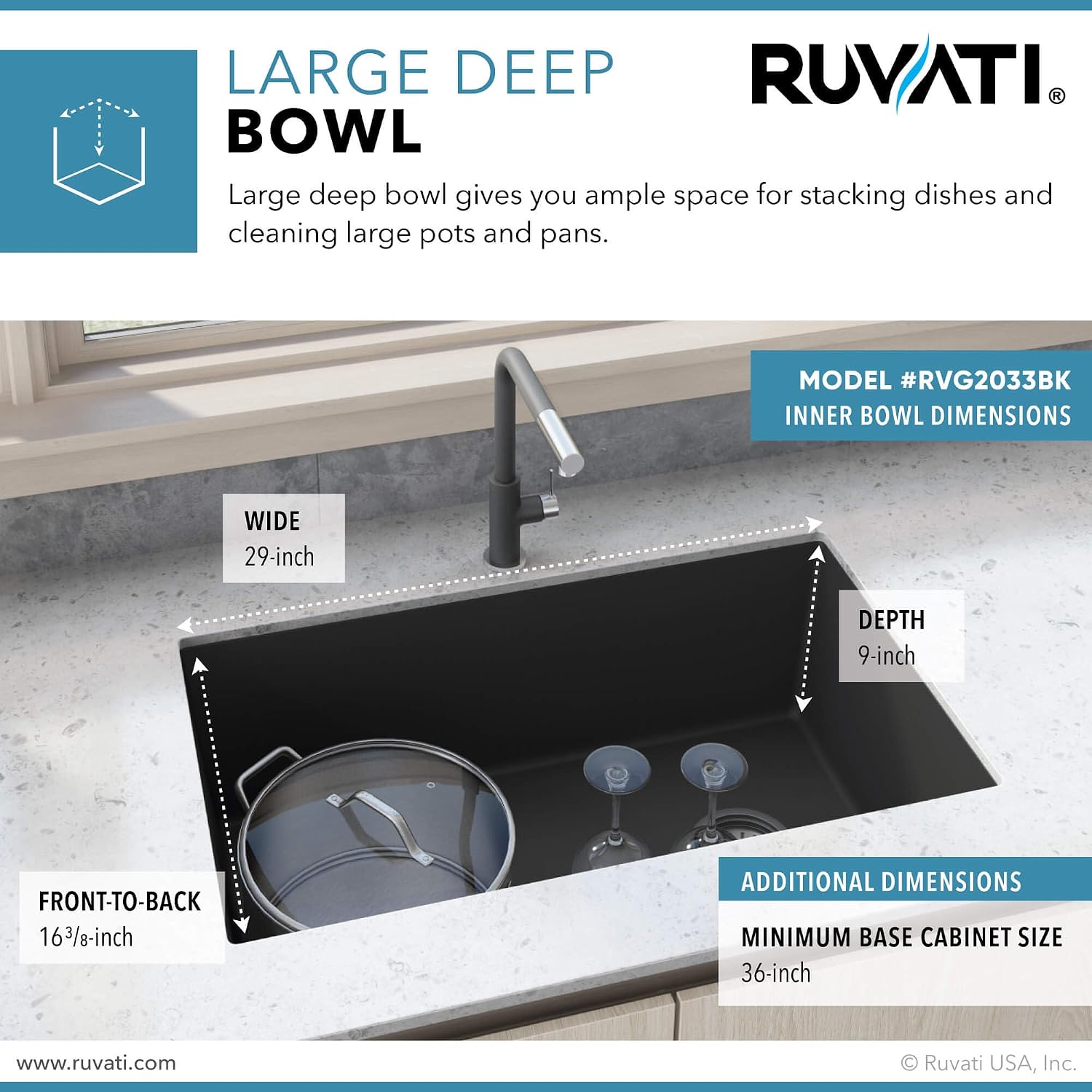 Ruvati 32 x 19 inch epiGranite Undermount Granite Composite Quartz Single Bowl Kitchen Sink - Midnight Black - RVG2033BK