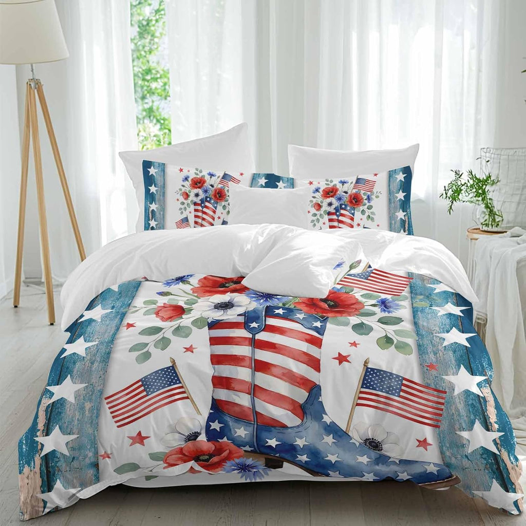 Independence Day Duvet Cover Set Queen Size 4 Pieces American Flag Boots Flowers Blue Wood Grain Bedding Set with Zipper Closure, 1 Comforter Cover 86x86 Inches 1 Flat Sheet & 2 Pillow Cases
