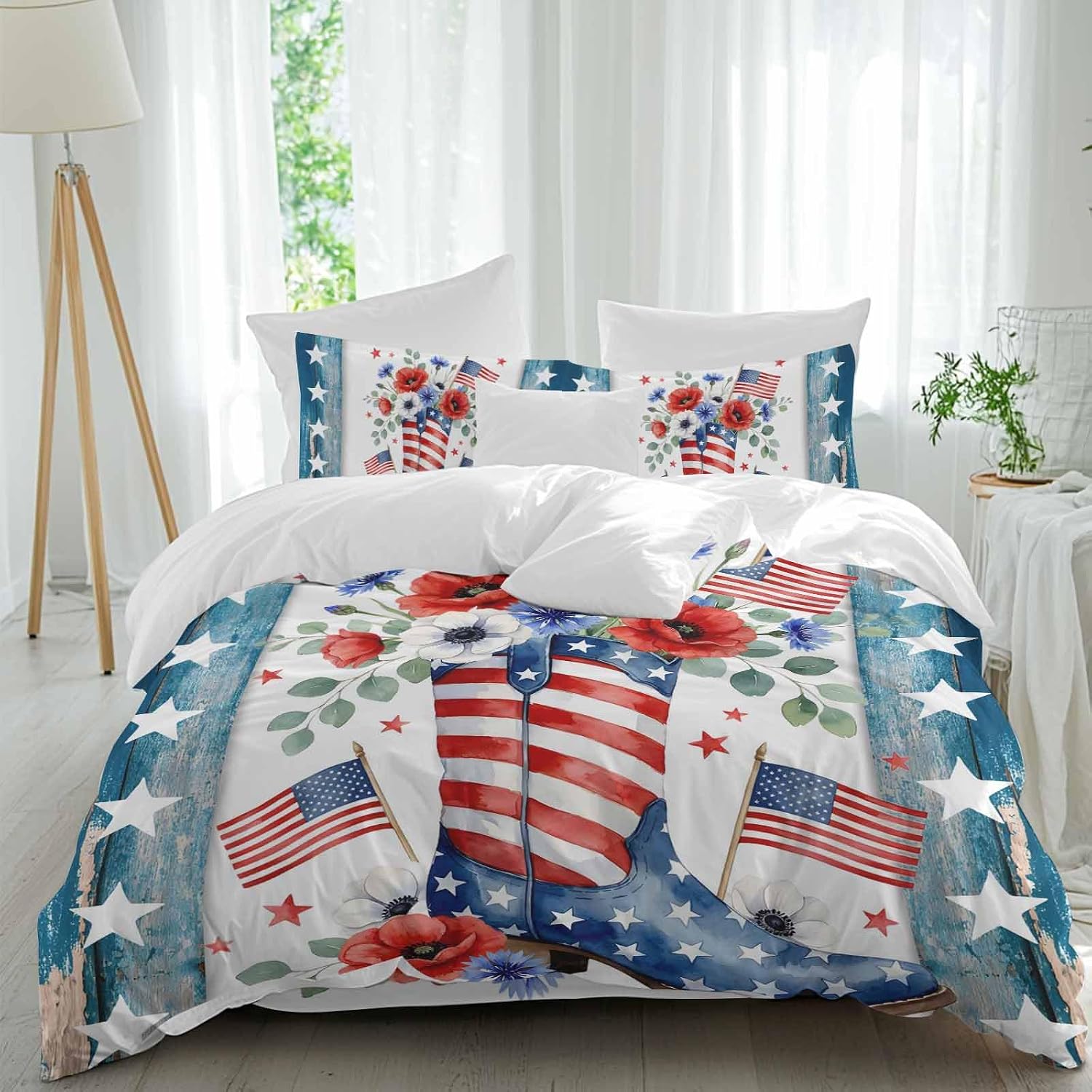 Independence Day Duvet Cover Set Queen Size 4 Pieces American Flag Boots Flowers Blue Wood Grain Bedding Set with Zipper Closure, 1 Comforter Cover 86x86 Inches 1 Flat Sheet & 2 Pillow Cases
