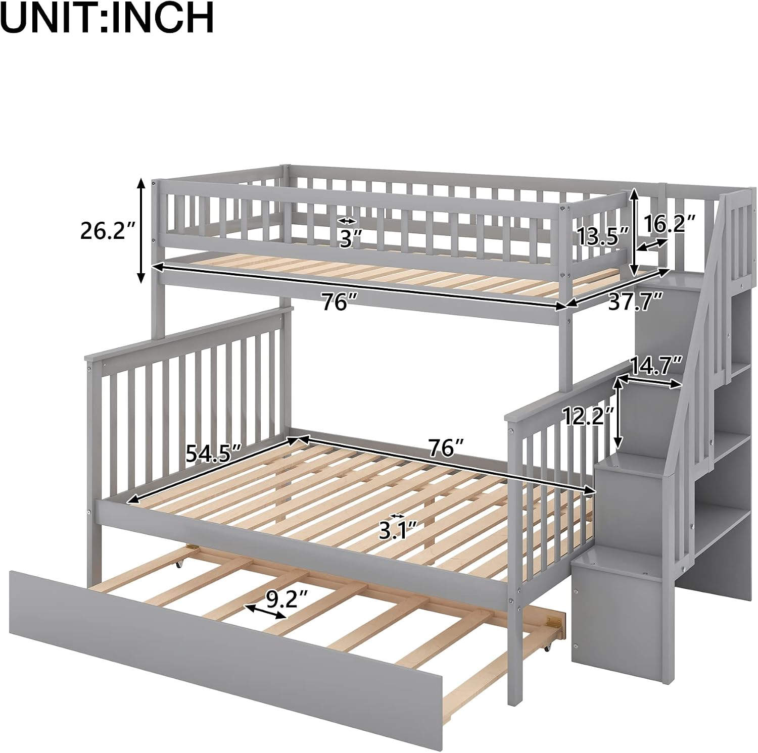 Merax Twin-Over-Full Stairway Bunk Bed with Trundle, Storage Staircase and Full Length Guardrail, Solid Wood Storage Bunk Bed with Trundle, No Spring Box Needed (Grey)