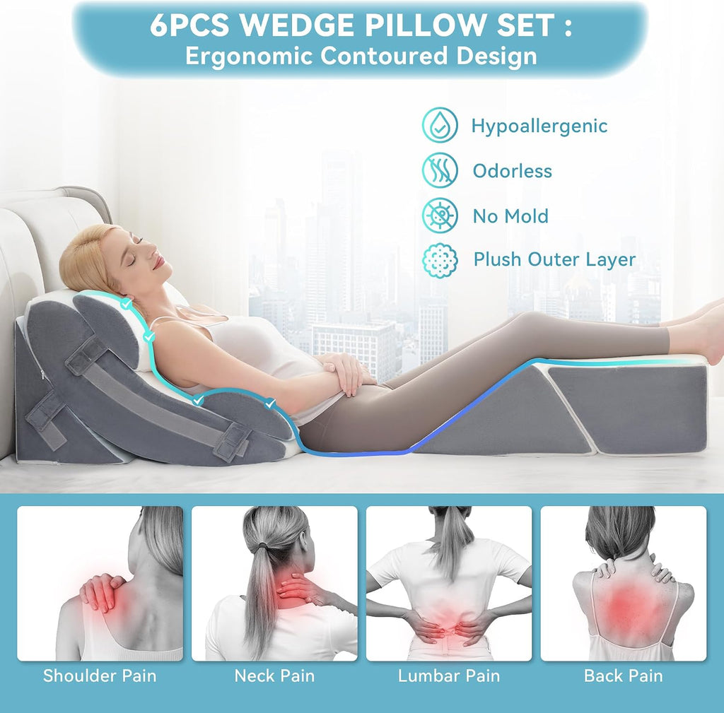 Kingfun 6PCS Orthopedic Bed Wedge Pillow Set for Headboard, Post Surgery Memory Foam Support Pillows for Back, Neck and Leg Pain Relief, Adjustable Triangle Pillow - Acid Reflux, Anti Snoring & GERD