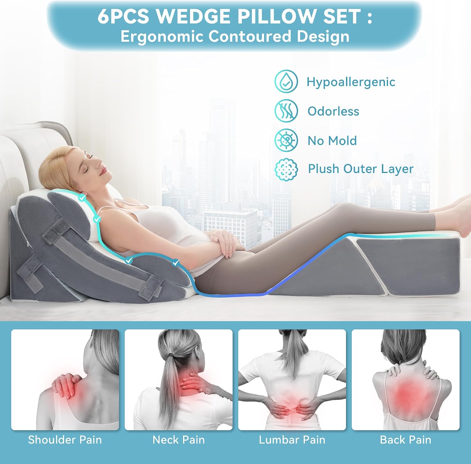 Kingfun 6PCS Orthopedic Bed Wedge Pillow Set for Headboard, Post Surgery Memory Foam Support Pillows for Back, Neck and Leg Pain Relief, Adjustable Triangle Pillow - Acid Reflux, Anti Snoring & GERD