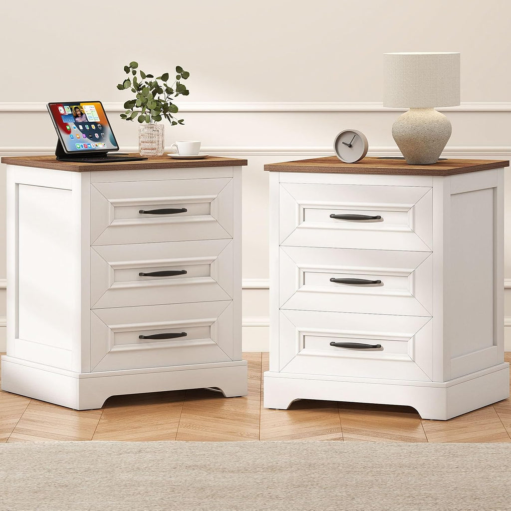 Farmhouse Nightstand with Charging Station- Wood Night Stand Set 2, 3 Drawer Nightstands Set of 2, Bedside Table with Storage, Rustic Night Stands for Bedroom, Closet, 18' Wide, 24' Tall