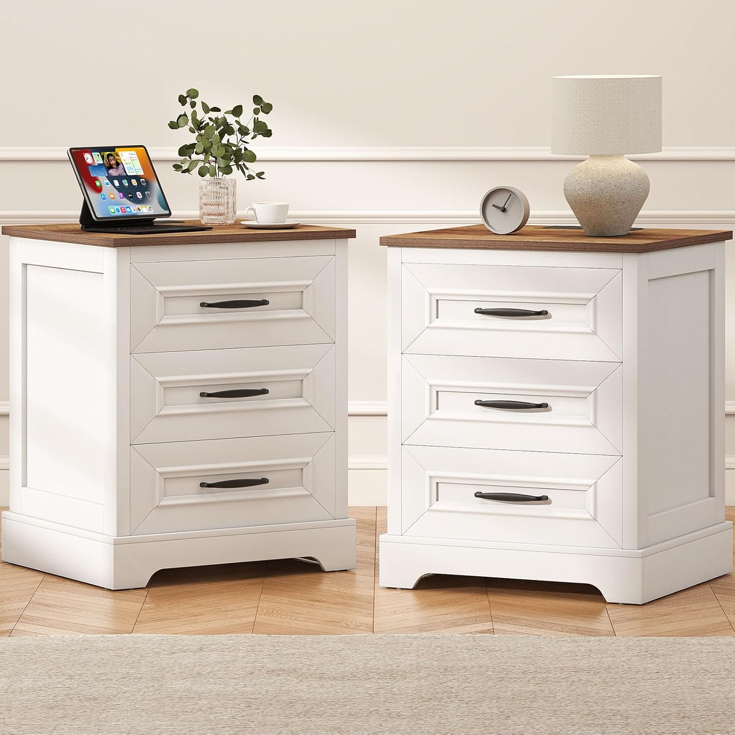 Farmhouse Nightstand with Charging Station- Wood Night Stand Set 2, 3 Drawer Nightstands Set of 2, Bedside Table with Storage, Rustic Night Stands for Bedroom, Closet, 18' Wide, 24' Tall