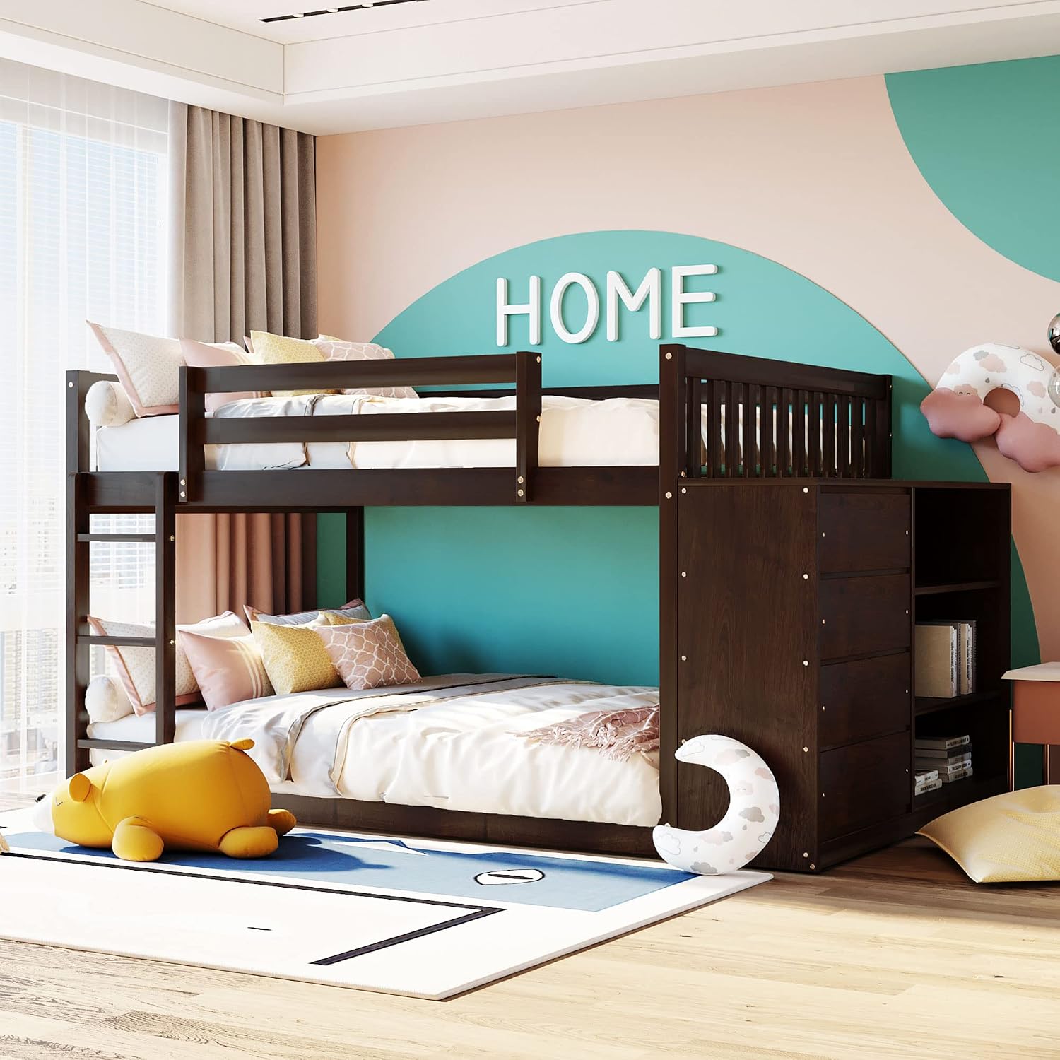 Full-Over-Full Size Bunk Bed, Bedroom Furniture Pine Wood Bed Frame with Storage Drawers and Open Shelves, Drawers and Shelves Set Can Be Moved, for Kids & Teens (Espresso)