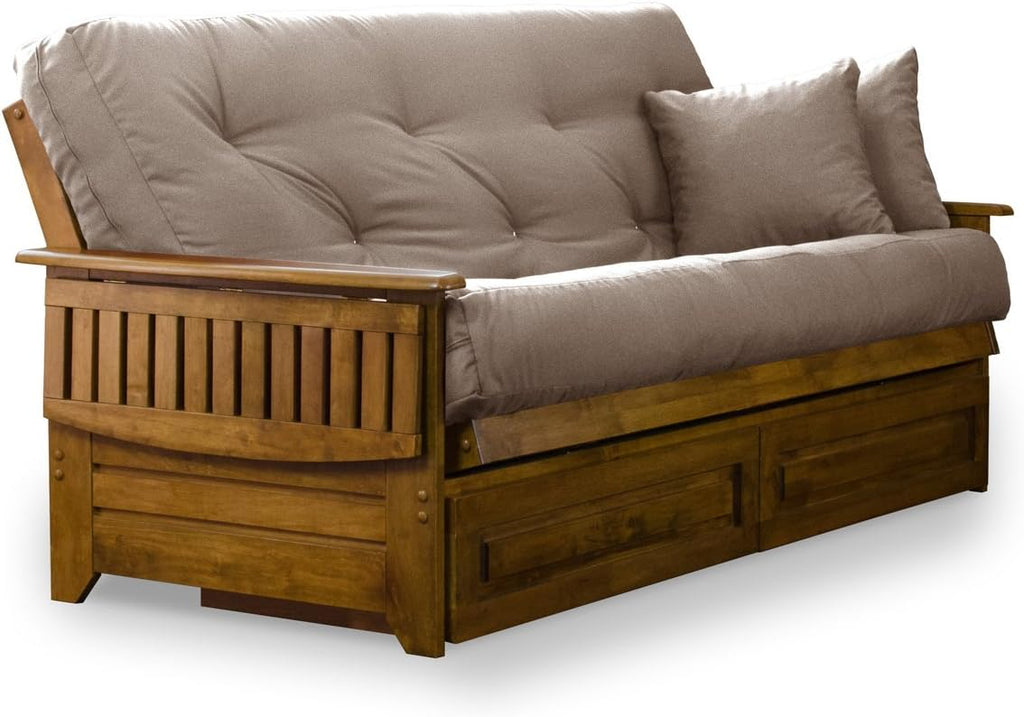 Nirvana Futons Brentwood Tray Arm Futon Frame, Drawers, and Microfiber Khaki Mattress Set - Full, Heritage Finish