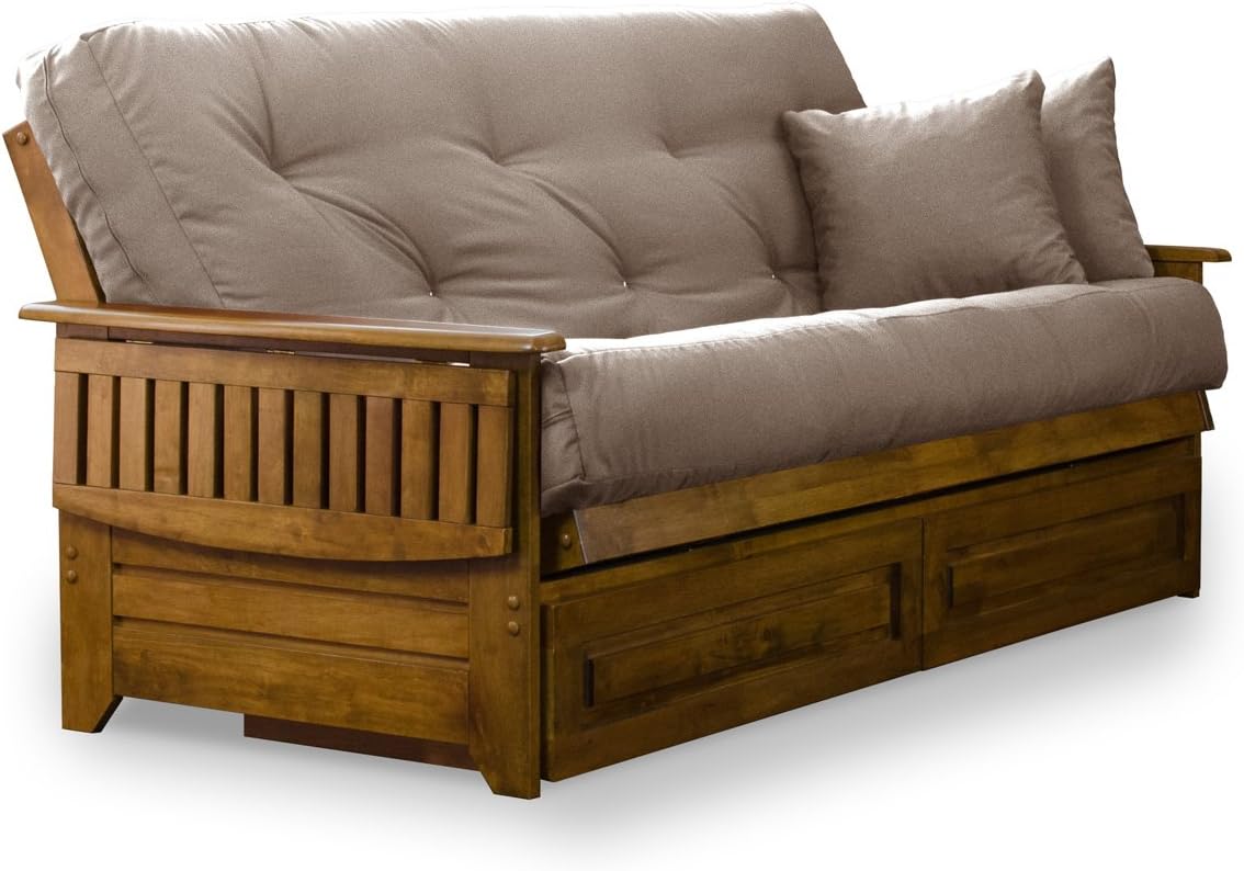 Nirvana Futons Brentwood Tray Arm Futon Frame, Drawers, and Microfiber Khaki Mattress Set - Full, Heritage Finish