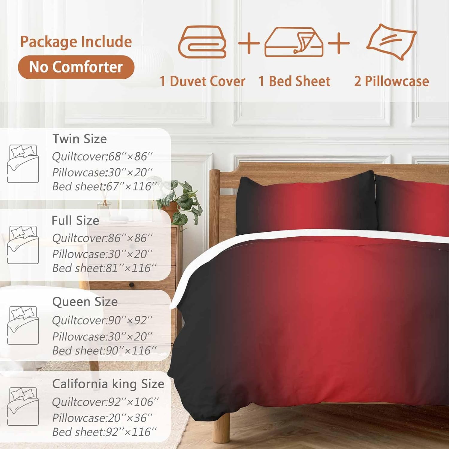 Gradient Red Black Duvet Cover Set Queen Size 4 Pieces Modern Abstract Minimalist Red Ocean Beach Bedding Set with Zipper Closure, 1 Comforter Cover 86x86 Inches 1 Flat Sheet & 2 Pillow Cases