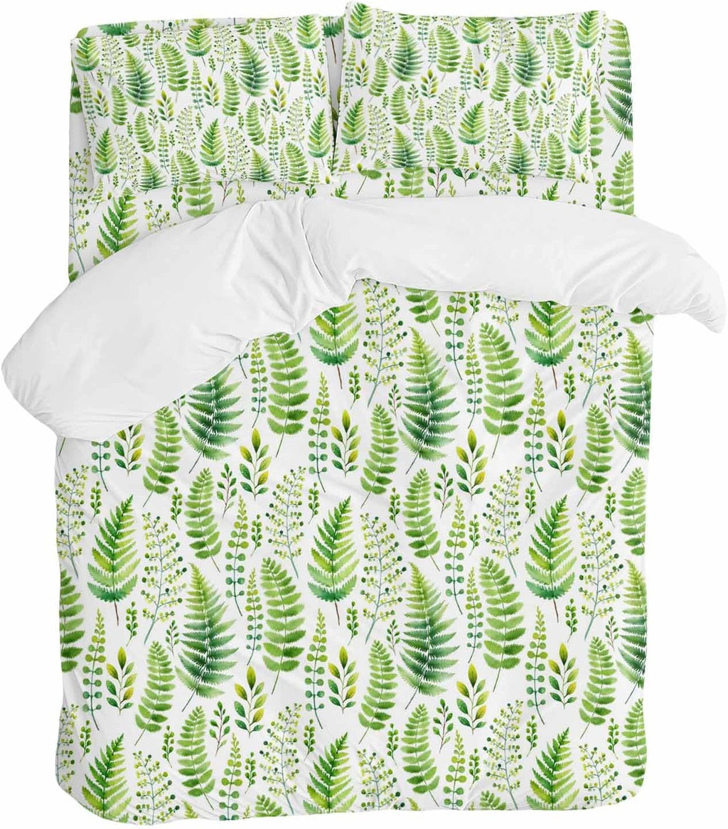 Prime Leader Spring Ferns Leaves Duvet Cover Set Queen Size 4 Pieces Watercolor Green Plant Fields Bedding Set with Zipper Closure, 1 Comforter Cover 92x106 Inches 1 Flat Sheet & 2 Pillow Cases