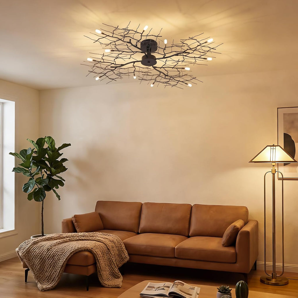 Vintage Handmade Tree Vine Decorative Branches Chandeliers Black Close to Ceiling Light Flush Mount Fixture with 12 Light 60W 44' Dia;Room Bedroom Kitchen Dining Room Aisle&Corridor