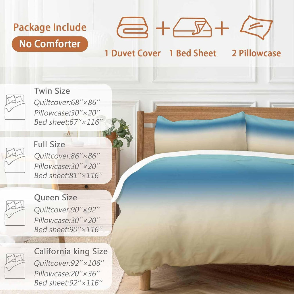 Prime Leader Gradient Blue Duvet Cover Set Queen Size 4 Pieces Modern Minimalist Blue Brown Ocean Beach Bedding Set with Zipper Closure, 1 Comforter Cover 90x92 Inches 1 Flat Sheet & 2 Pillow Cases
