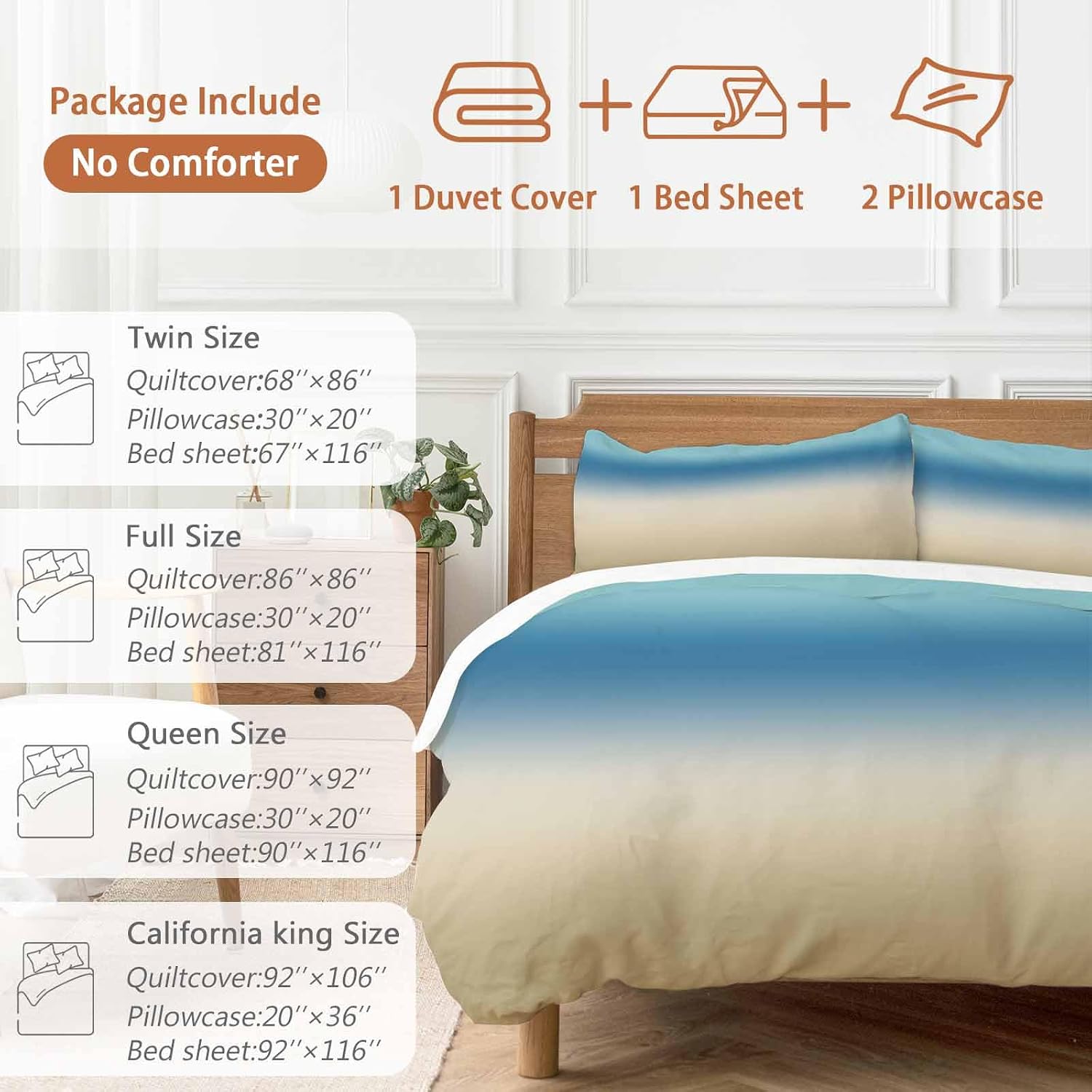 Prime Leader Gradient Blue Duvet Cover Set Queen Size 4 Pieces Modern Minimalist Blue Brown Ocean Beach Bedding Set with Zipper Closure, 1 Comforter Cover 86x86 Inches 1 Flat Sheet & 2 Pillow Cases