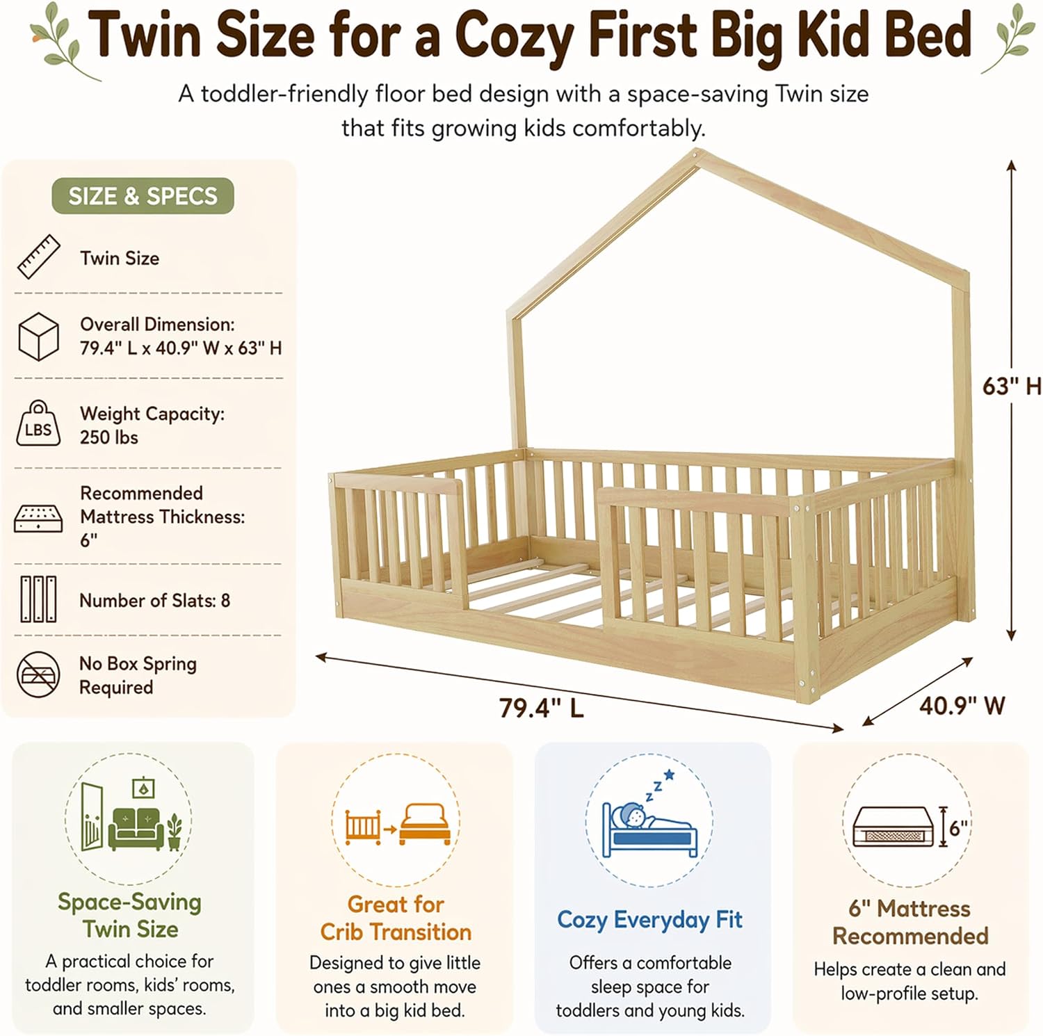 Twin Floor Bed Frame with High Rails, Wooden Montessori Floor Bed Twin with Light & Wood Slats, Low Profile Montessori Beds for Kids, Boys & Girls, Natural