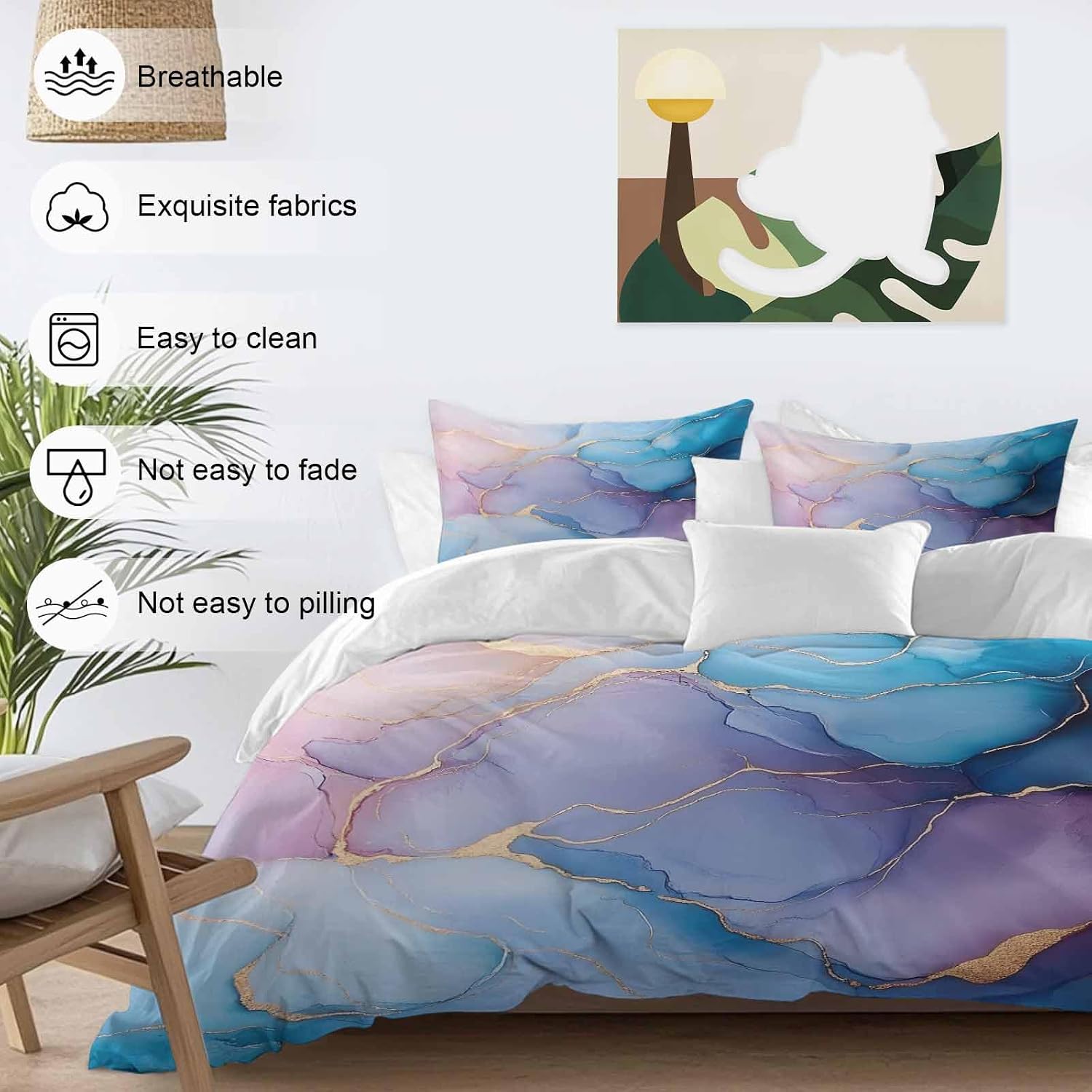 Prime Leader Abstract Impressionist Duvet Cover Set Queen Size 4 Pieces Blue Marble Texture Bedding Set with Zipper Closure, 1 Comforter Cover 92x106 Inches 1 Flat Sheet & 2 Pillow Cases