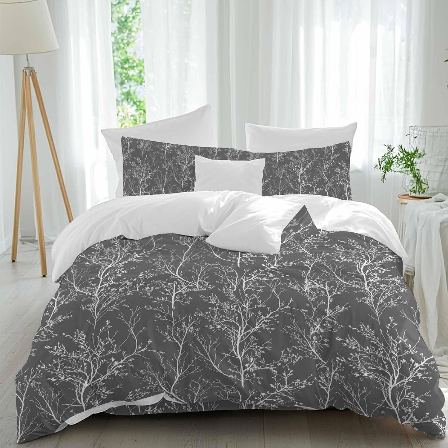 Dark Grey Duvet Cover Set Queen Size 4 Pieces White Tree Branch Botanical Abstract Plant Leaves Bedding Set with Zipper Closure, 1 Comforter Cover 92x106 Inches 1 Flat Sheet & 2 Pillow Cases