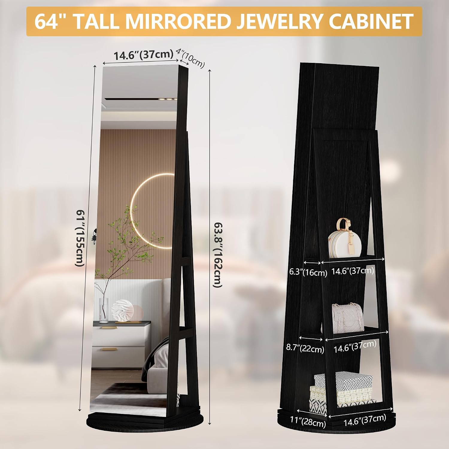 LVSOMT 360° Swivel Jewelry Cabinet with Full Length Mirror and Sliding Door, 63' Large Jewelry Armoire with Lock and Rear Shelves, Floor Standing Mirror with Storage for Bedroom Cloakroom, Black