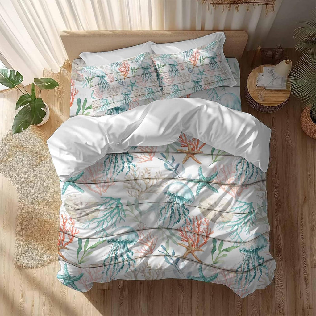 Prime Leader Teal Jellyfish Starfish Duvet Cover Set Queen Size 4 Pieces Summer Beach Coral Shell Board Bedding Set with Zipper Closure, 1 Comforter Cover 90x92 Inches 1 Flat Sheet & 2 Pillow Cases