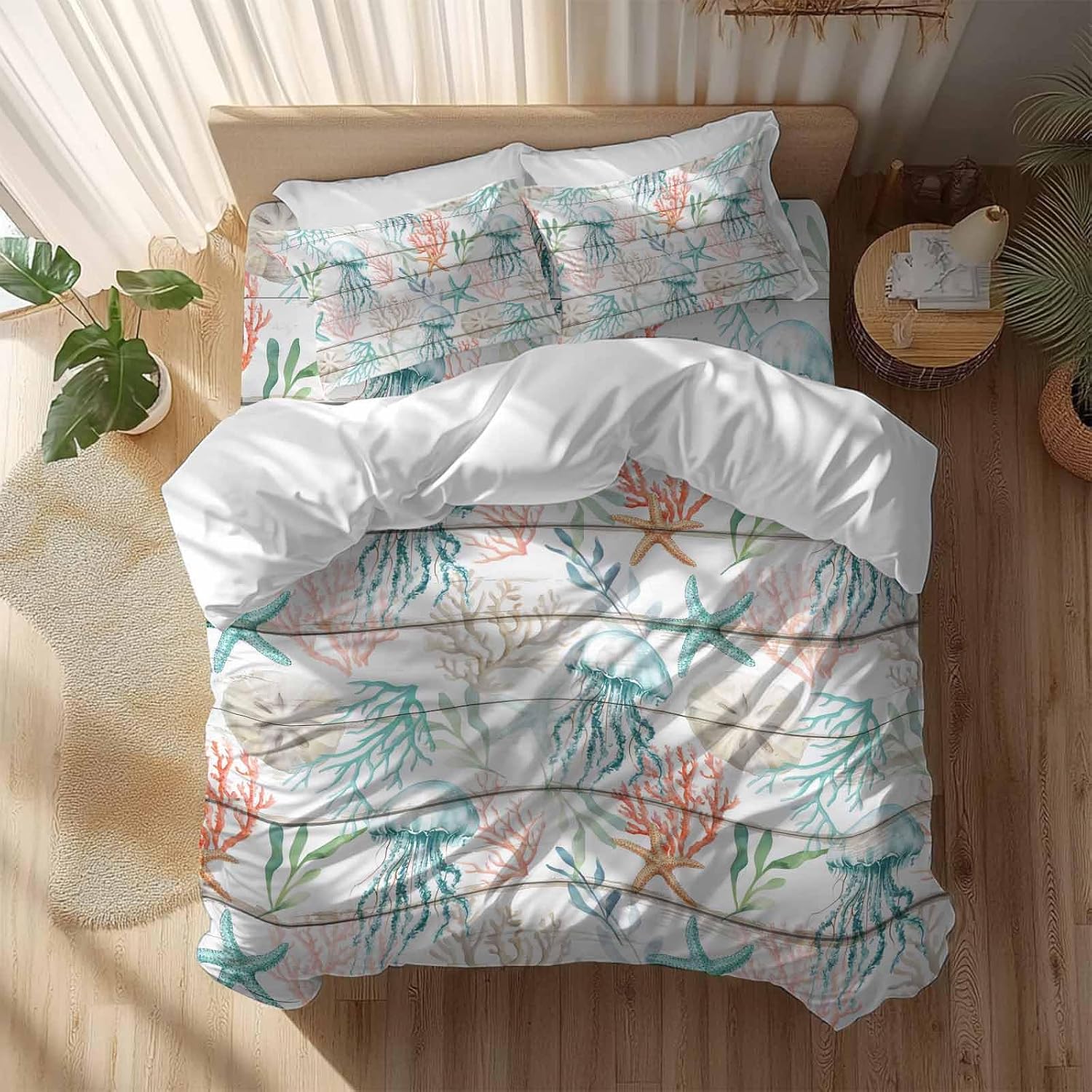 Prime Leader Teal Jellyfish Starfish Duvet Cover Set Queen Size 4 Pieces Summer Beach Coral Shell Board Bedding Set with Zipper Closure, 1 Comforter Cover 90x92 Inches 1 Flat Sheet & 2 Pillow Cases