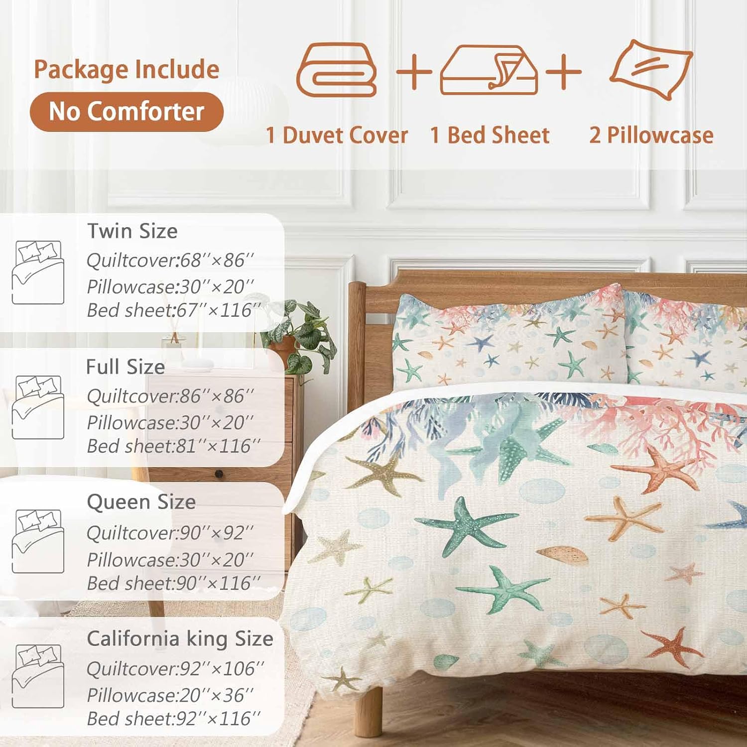 Oceans Animal Duvet Cover Set Queen Size 4 Pieces Summer Colorful Starfish Coral Seagrass Linen Texture Bedding Set with Zipper Closure, 1 Comforter Cover 92x106 Inches 1 Flat Sheet & 2 Pillow Cases