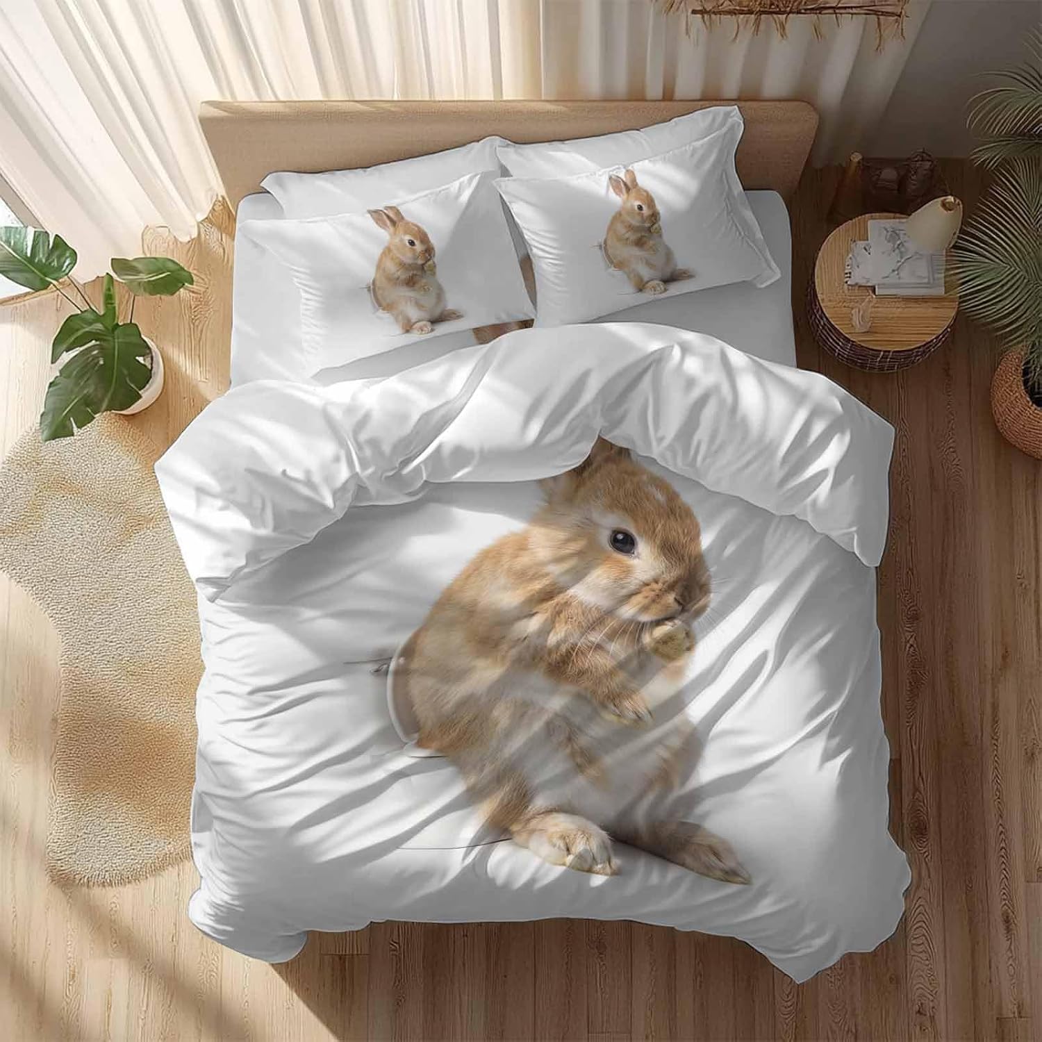 Rabbit Sitting on The Toilet Thinking Duvet Cover Set Queen Size 4 Pieces Abstract Funny Animal Bedding Set with Zipper Closure, 1 Comforter Cover 92x106 Inches 1 Flat Sheet & 2 Pillow Cases