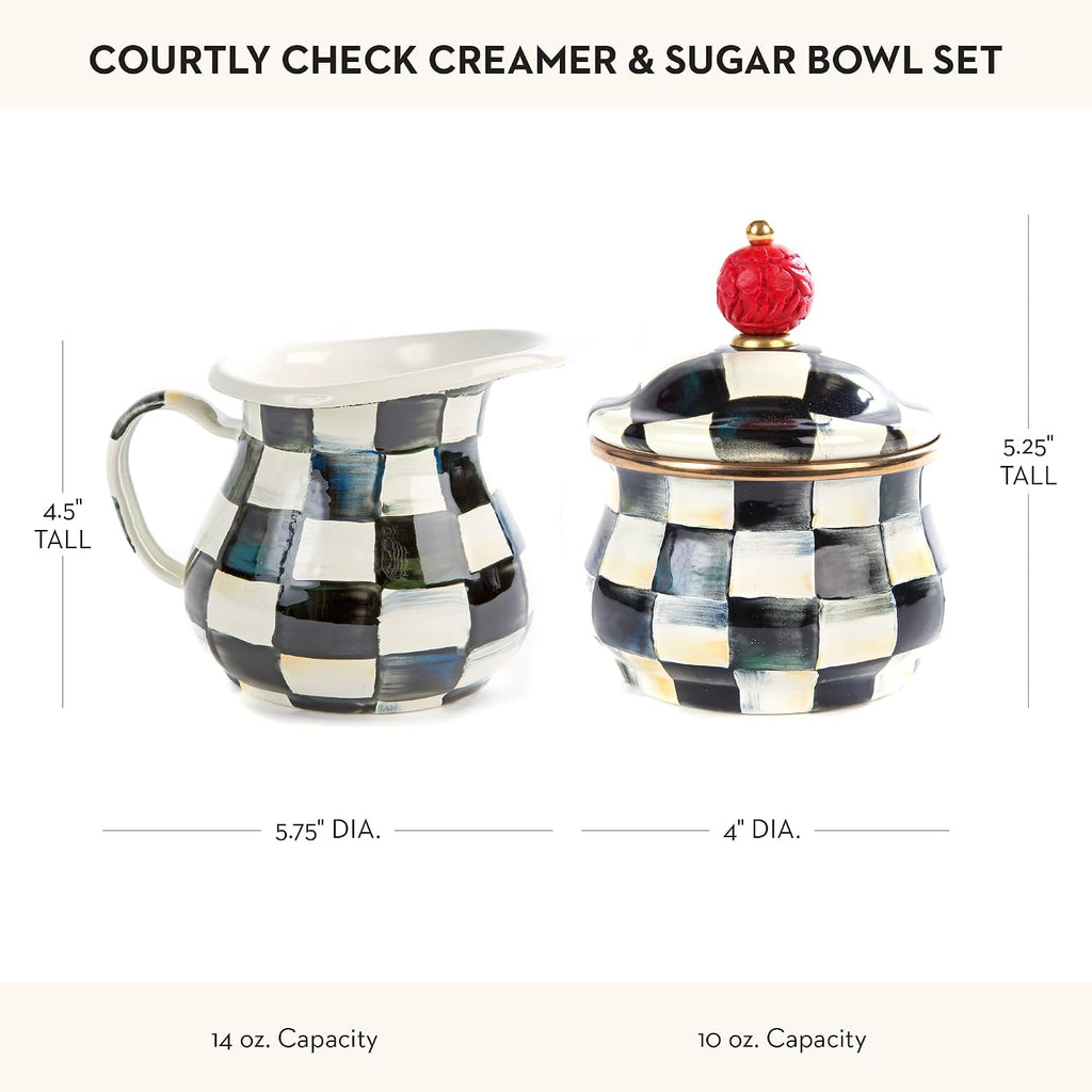 MACKENZIE-CHILDS Enamel Creamer and Sugar-Bowl Set, Cream Dispenser and Sugar Holder, Unique Kitchen Decor, Black-and-White Courtly Check