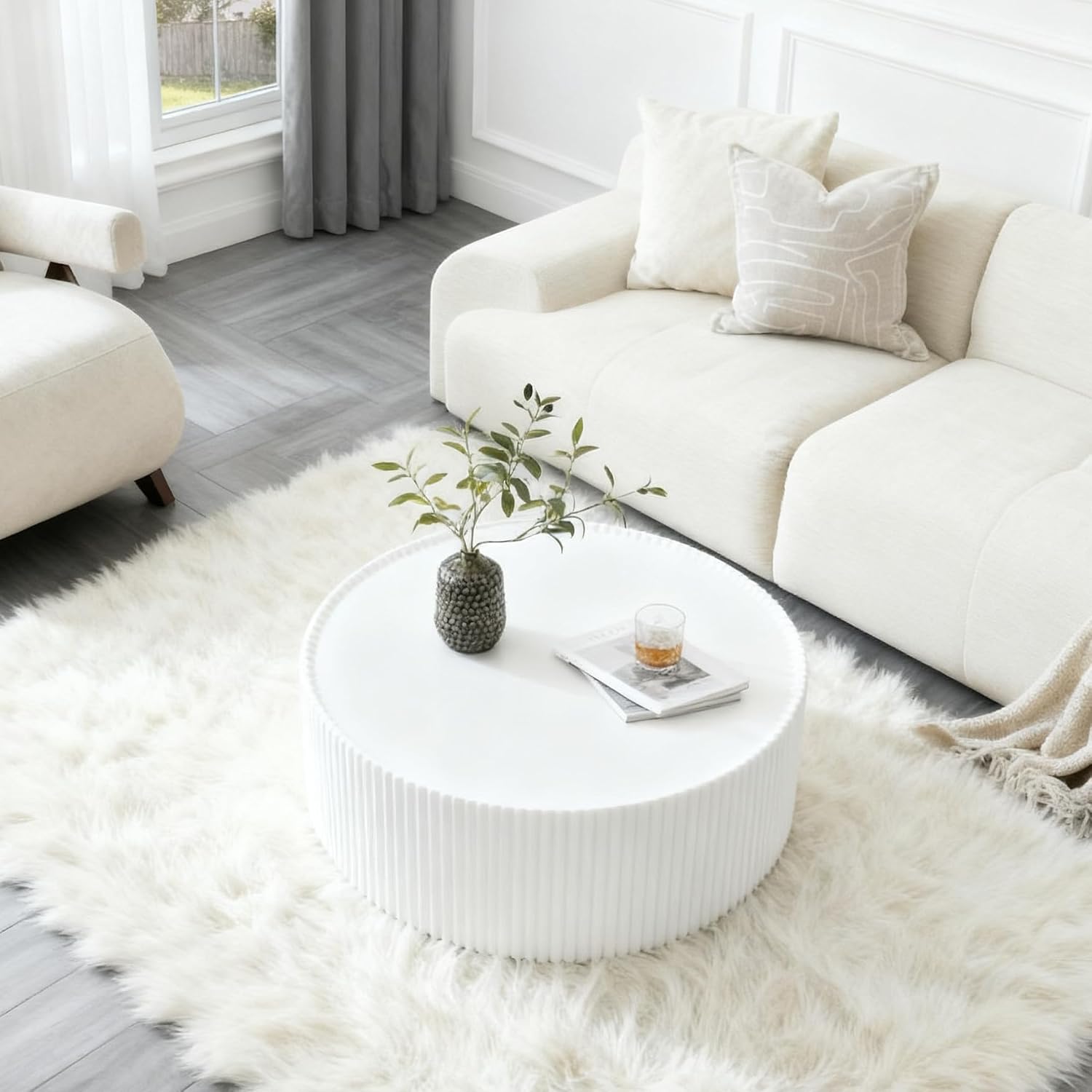 29.52' White Round Coffee Table, Drum Coffee Table with Sintered Stone Tabletop and Fluted PU Leather Covered and Stable Base, Circle Cocktail Tea Table for Living Room