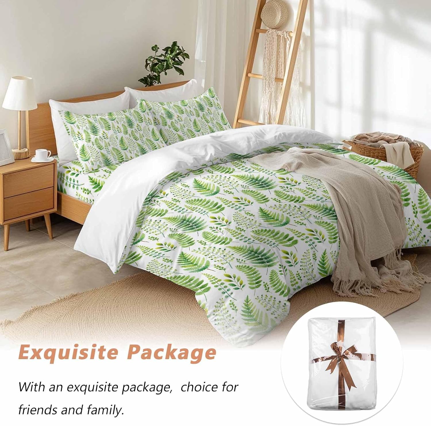 Prime Leader Spring Ferns Leaves Duvet Cover Set Queen Size 4 Pieces Watercolor Green Plant Fields Bedding Set with Zipper Closure, 1 Comforter Cover 92x106 Inches 1 Flat Sheet & 2 Pillow Cases