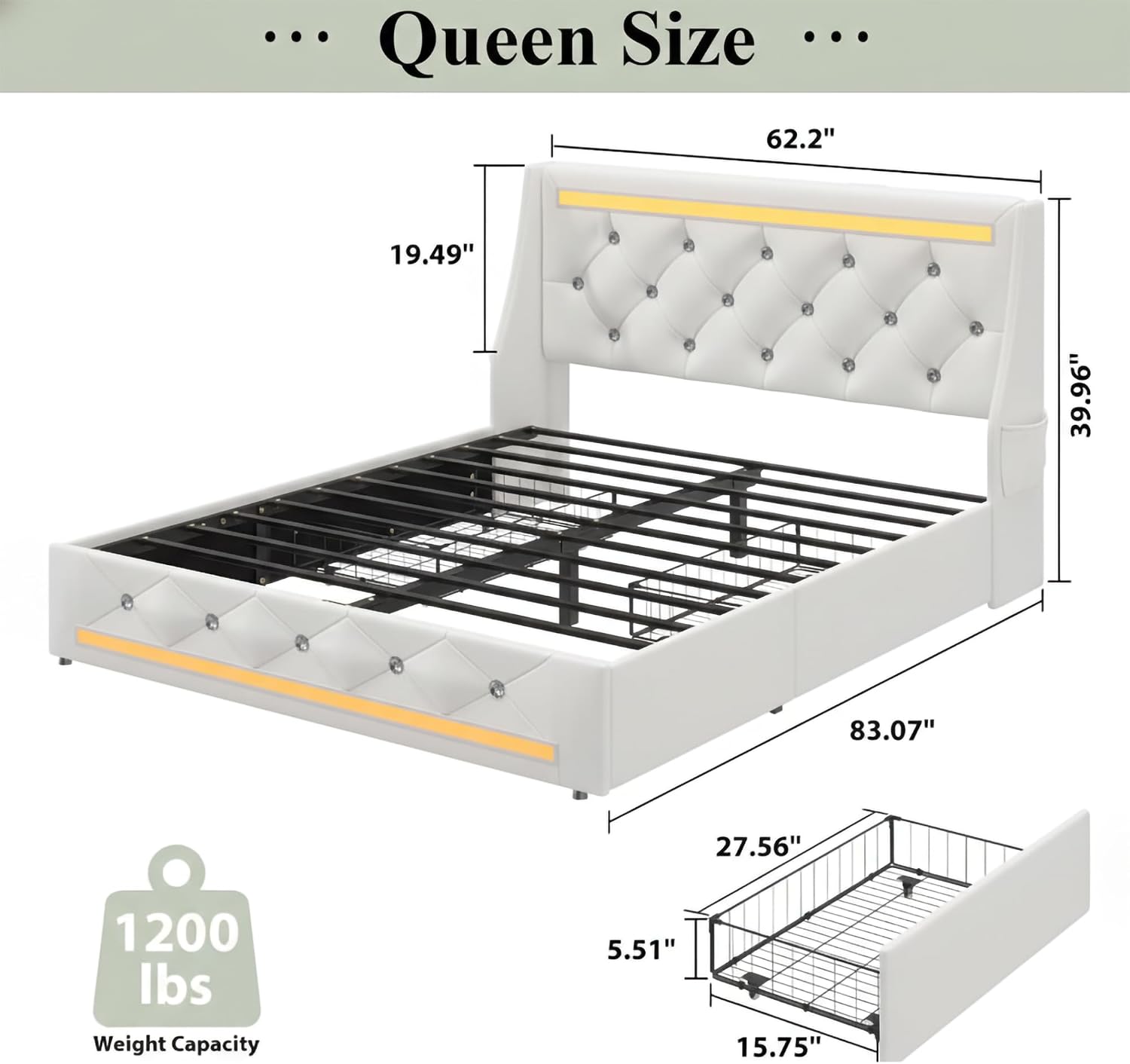 Queen Bed Frame with Storage Drawers and LED Lights/Charging Station, Modern Diamond Upholstered Platform Bed with Wingback Headboard, Wooden Slats Support, No Box Spring Needed (White, Queen)