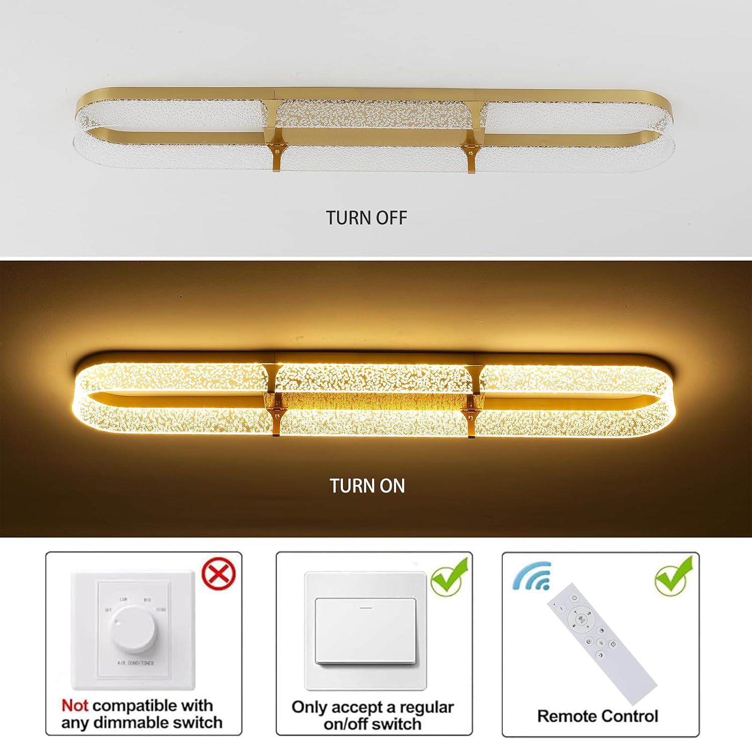 Jaycomey 43 inch Modern LED Ceiling Light Fixture, 54W Dimmable Gold Flush Mount Ceiling Light with Acrylic Bubble, Adjustable 3000K-6500K Kitchen Light Fixtures for Dining Room Bedroom