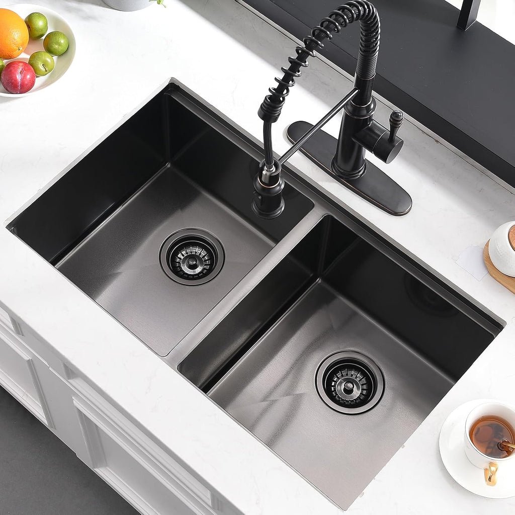 30 Inch Black Undermount Kitchen Sink Double Bowl - 30x18 Undermount Workstation Sink 16 Gauge Black Stainless Steel 10 Inch Deep Double Bowl Kitchen Sinks