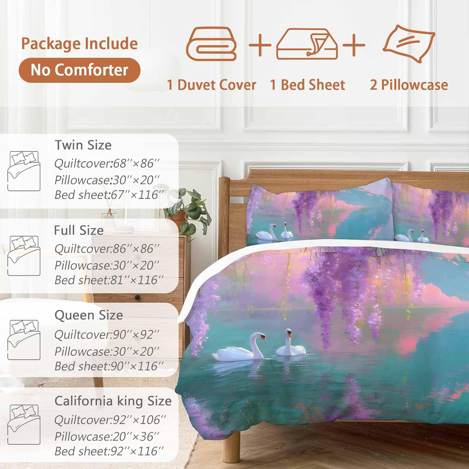 Swan Duvet Cover Set Queen Size 4 Pieces Oil Painting Spring Wisteria Gradient Pink Green Lake Bedding Set with Zipper Closure, 1 Comforter Cover 92x106 Inches 1 Flat Sheet & 2 Pillow Cases