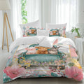 Farm Animals Duvet Cover Set Queen Size 4 Pieces Funny Pig Cow Donkey Retro Truck Spring Floral Bedding Set with Zipper Closure, 1 Comforter Cover 90x92 Inches 1 Flat Sheet & 2 Pillow Cases