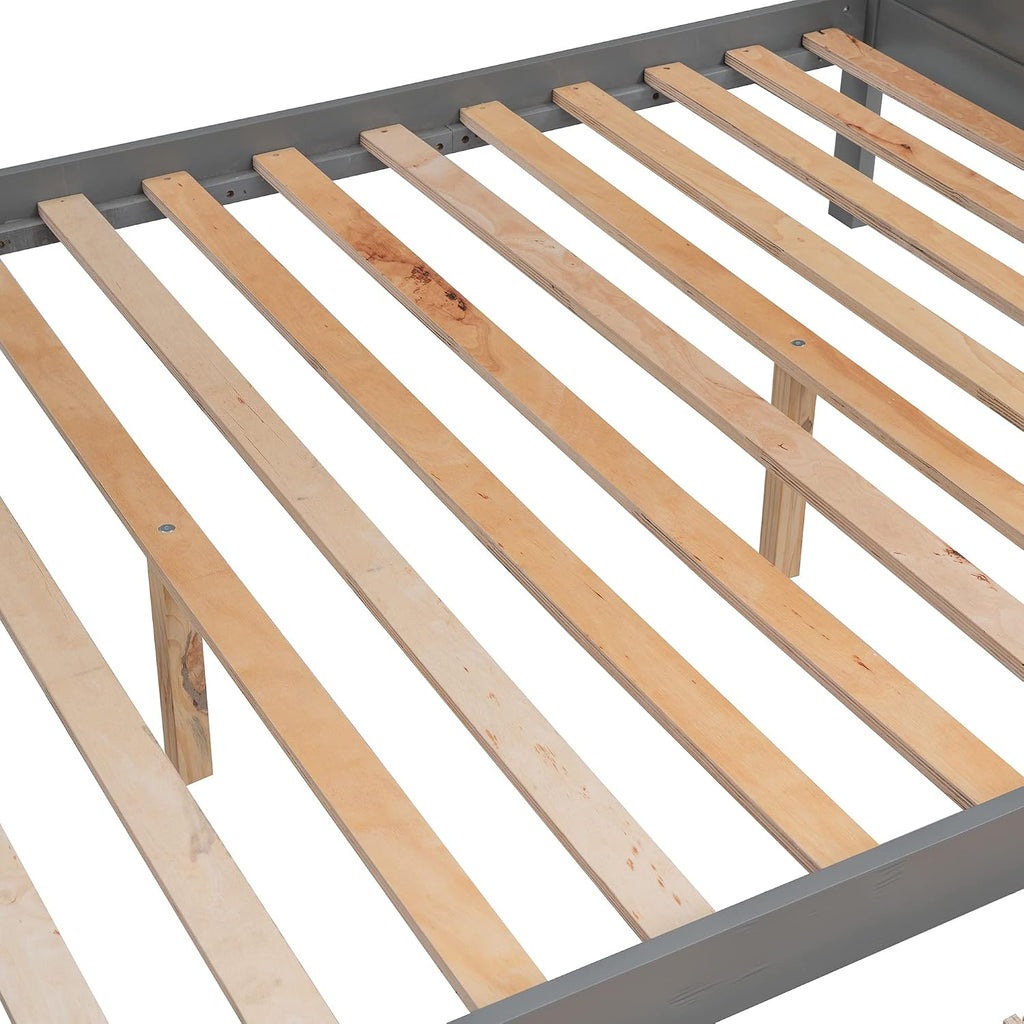 Twin Over Full Bunk Bed with Shelfs,Storage Staircase and 2 Drawers,Bedroom Solid Wood Bed Frame w/Full-Length Guardrail,Slat Support,for Kid Boy Girl Teen,Gray
