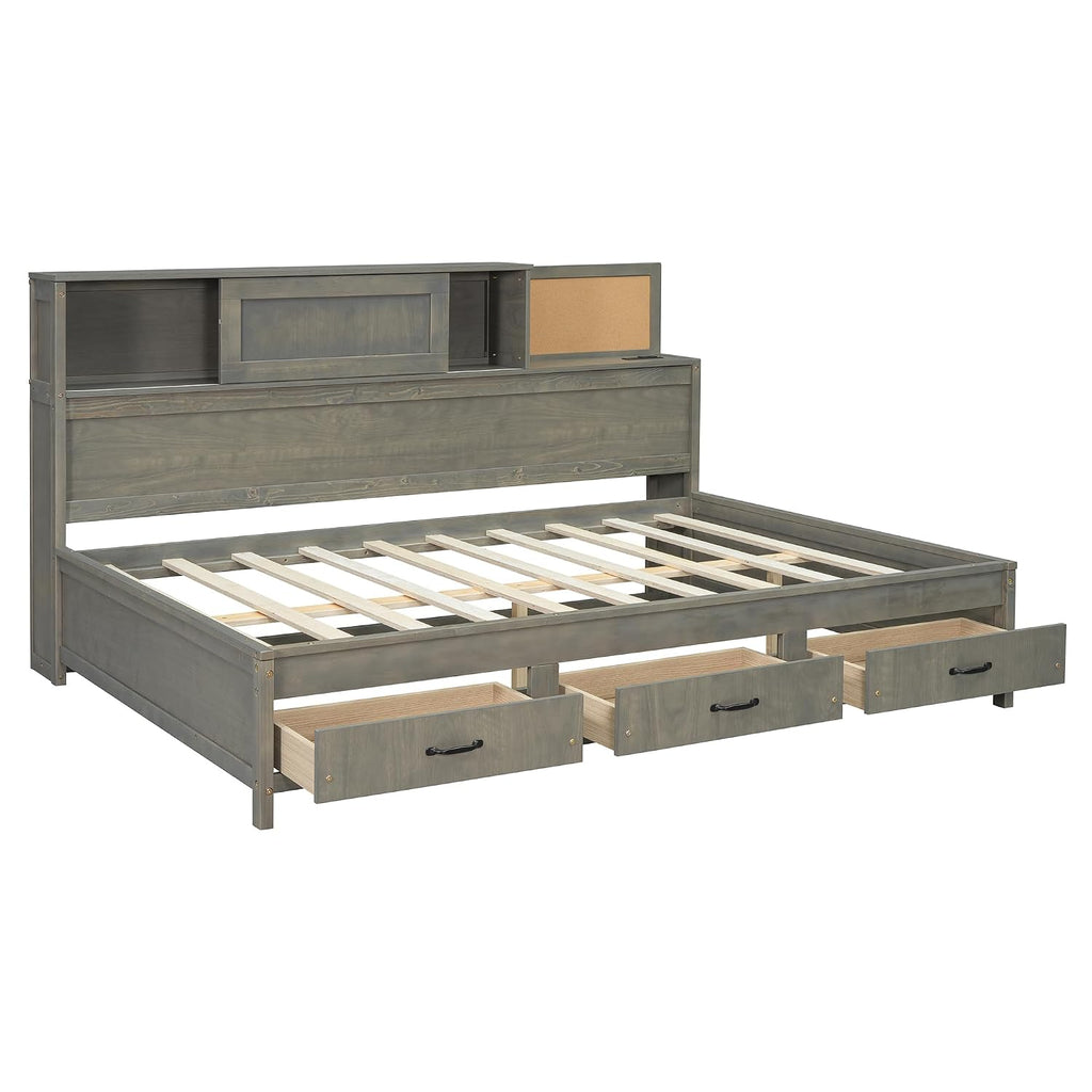 Ball & Cast Full Size Wooden Daybed with 3 Storage Drawers and Upper Soft Board,Versatile Day Bed w/a Set of Sockets & USB Ports,Bedroom Furniture for Apartment,Guest Room,Gray