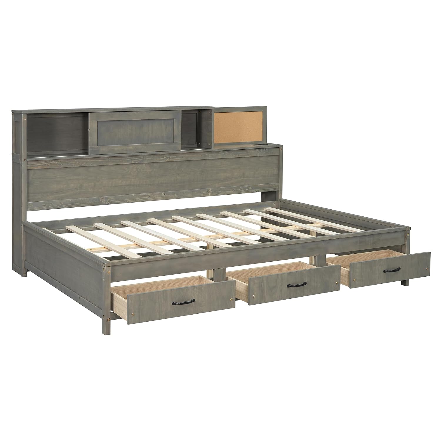 Ball & Cast Full Size Wooden Daybed with 3 Storage Drawers and Upper Soft Board,Versatile Day Bed w/a Set of Sockets & USB Ports,Bedroom Furniture for Apartment,Guest Room,Gray