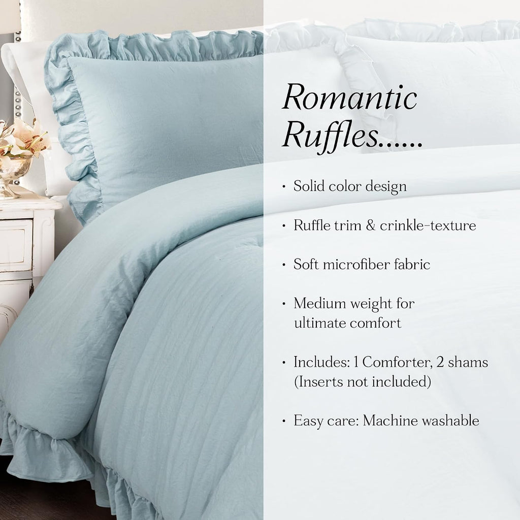 Lush Decor Reyna Ruffle Comforter Set, Full/Queen, Lake Blue, 3 Piece Cozy Bedding Set