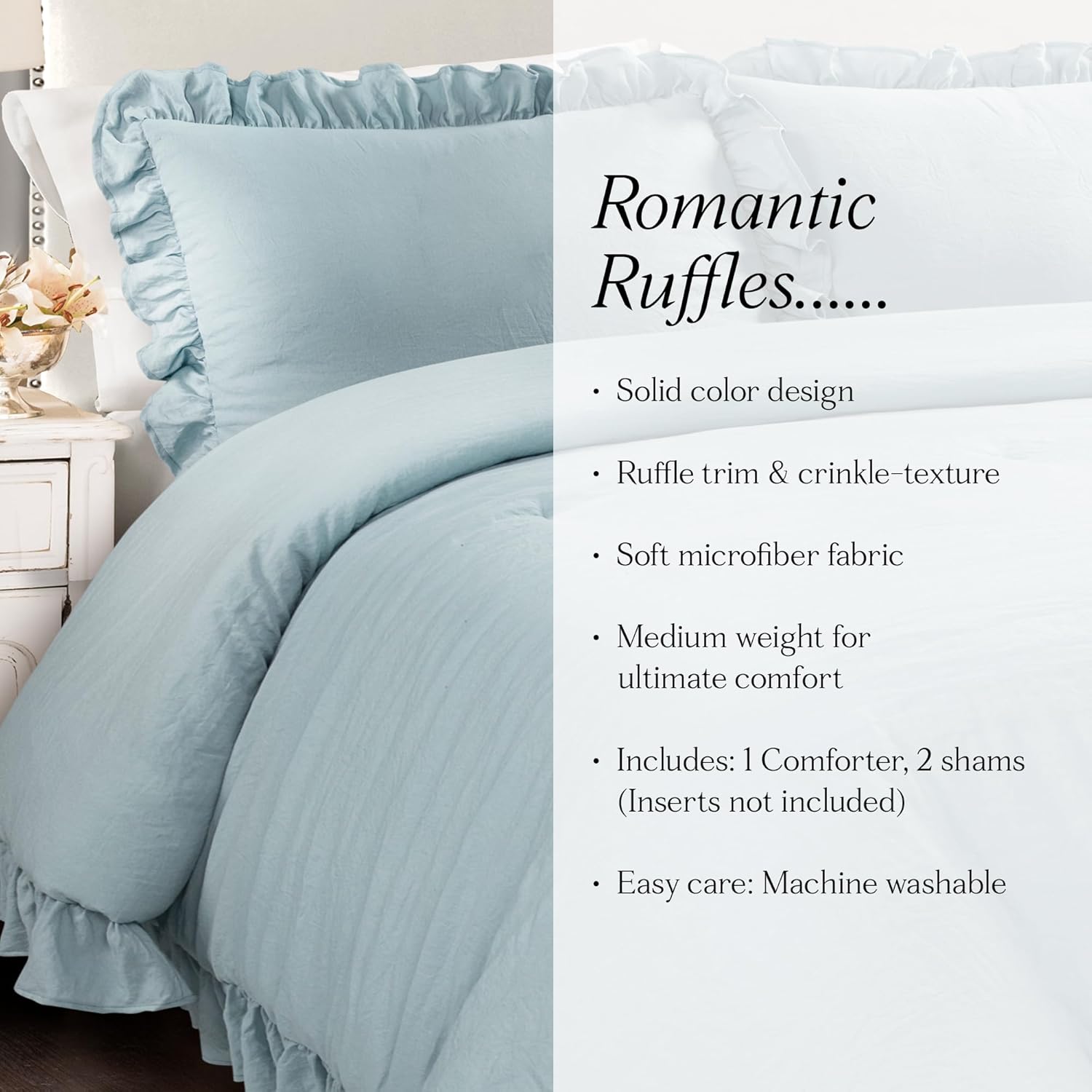 Lush Decor Reyna Ruffle Comforter Set, King, Lake Blue, 3 Piece Cozy Bedding Set