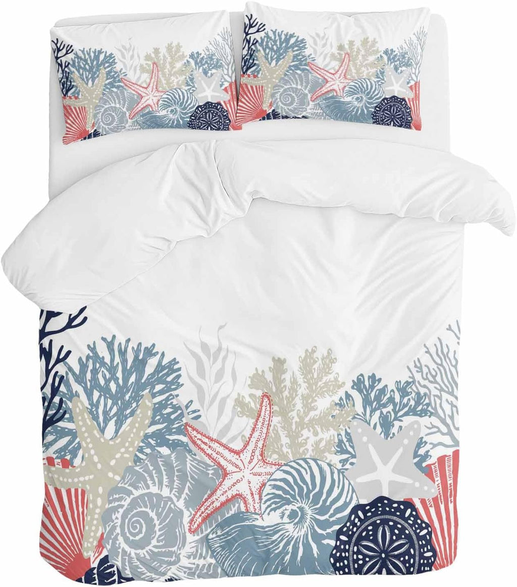 Summer Marine Life Duvet Cover Set Queen Size 4 Pieces Ocean Coral Coastal Starfish Blue Conch Bedding Set with Zipper Closure, 1 Comforter Cover 92x106 Inches 1 Flat Sheet & 2 Pillow Cases