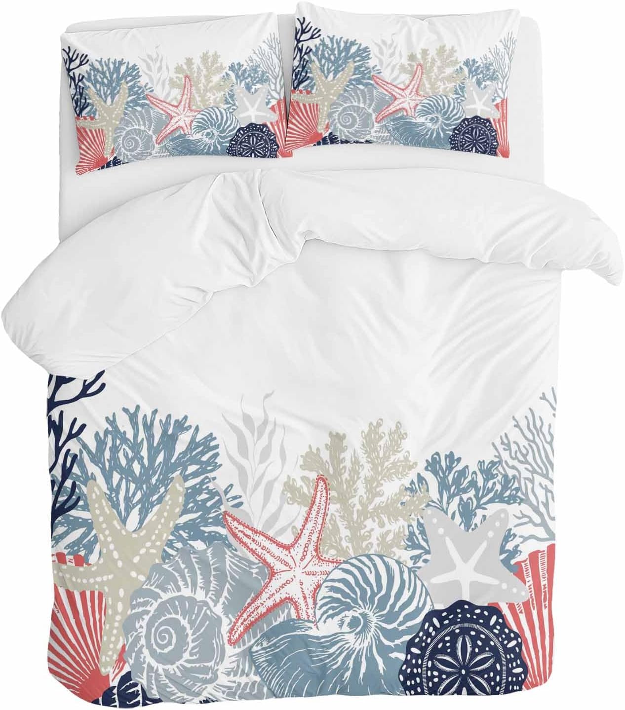 Summer Marine Life Duvet Cover Set Queen Size 4 Pieces Ocean Coral Coastal Starfish Blue Conch Bedding Set with Zipper Closure, 1 Comforter Cover 92x106 Inches 1 Flat Sheet & 2 Pillow Cases