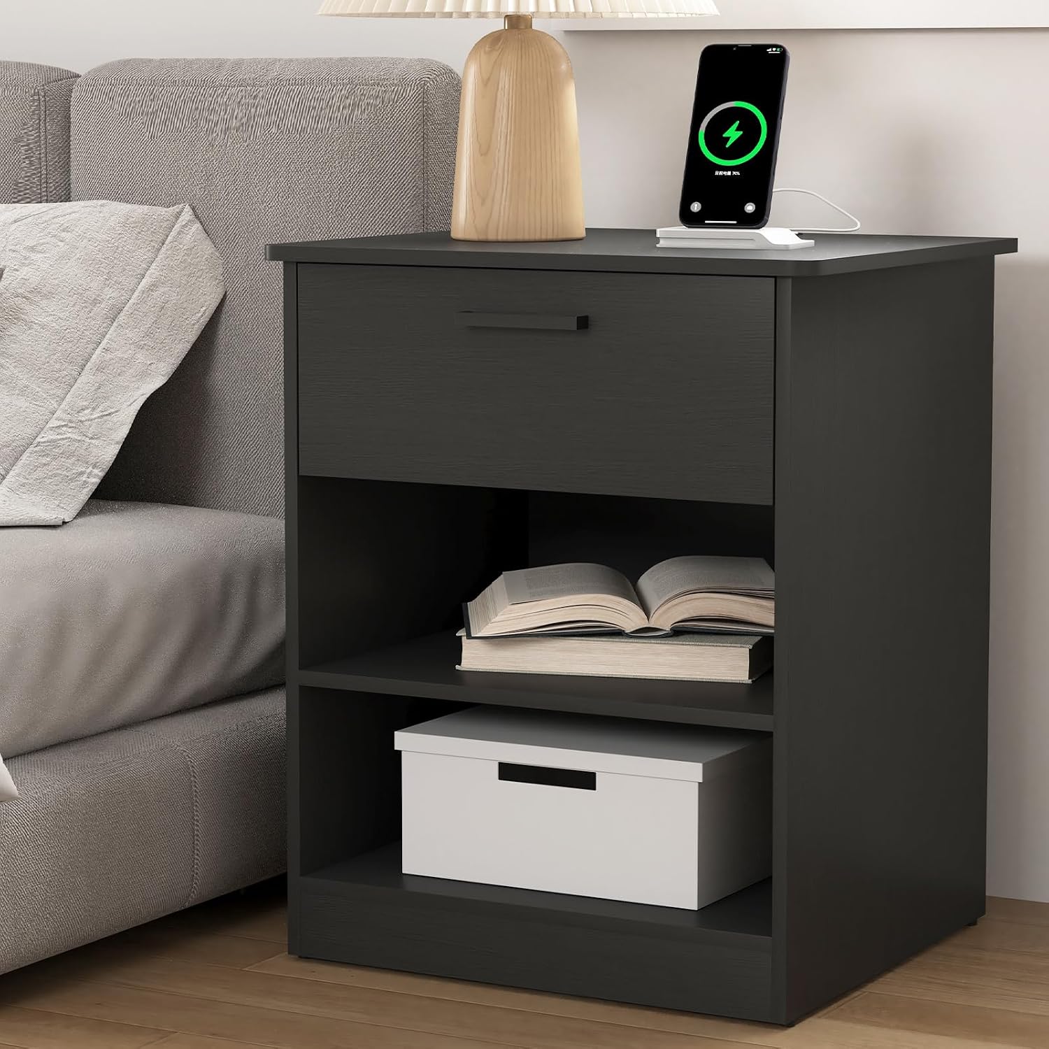 Spaco Black Nightstand Set of 2 with Charging Station,Modern Night Stand Set with 2 Drawers and Open Shelf,Bedside Tables with Storage for Bedroom, End Side Tables for Living Room