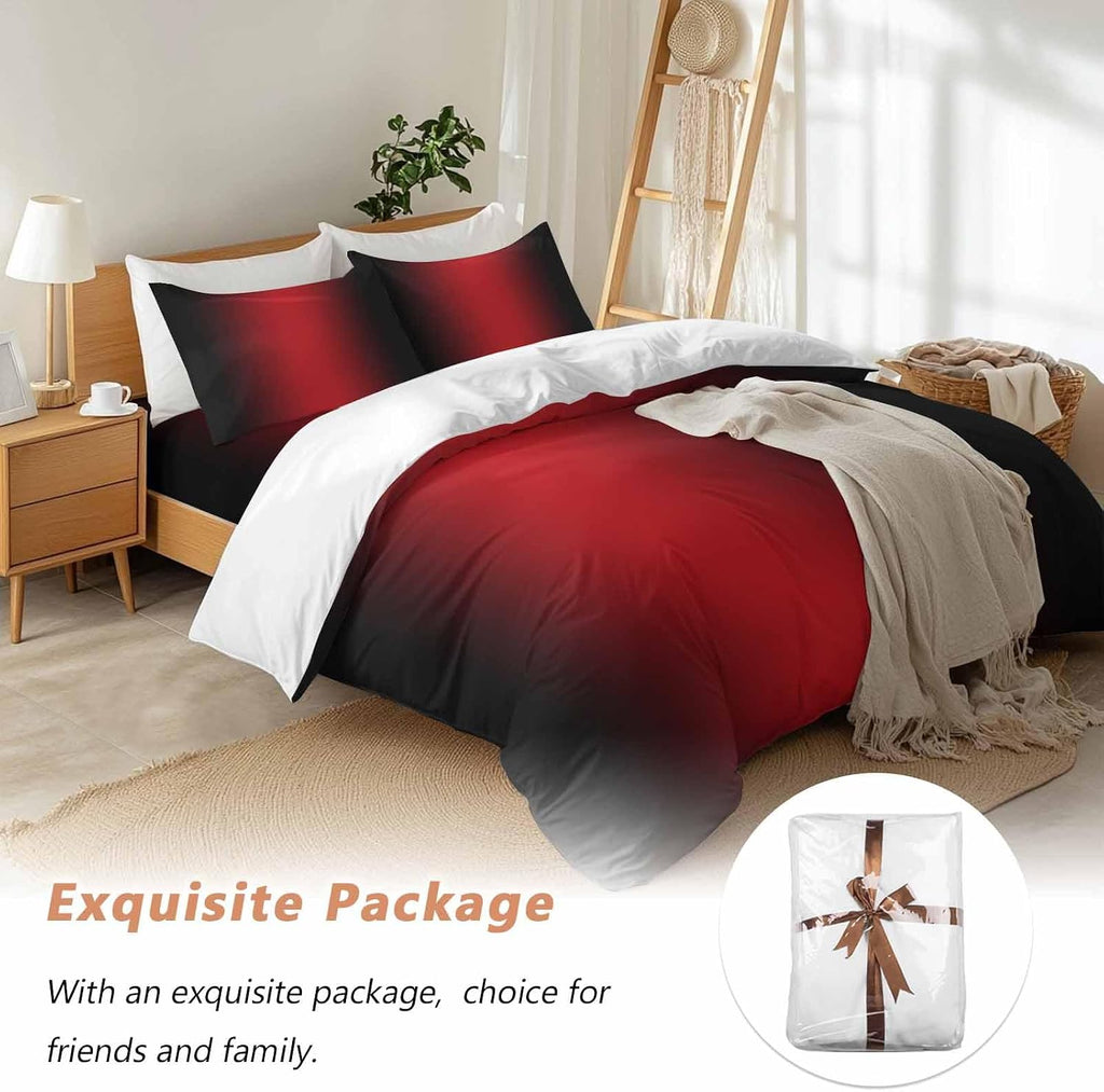 Gradient Red Black Duvet Cover Set Queen Size 4 Pieces Modern Abstract Minimalist Red Ocean Beach Bedding Set with Zipper Closure, 1 Comforter Cover 86x86 Inches 1 Flat Sheet & 2 Pillow Cases