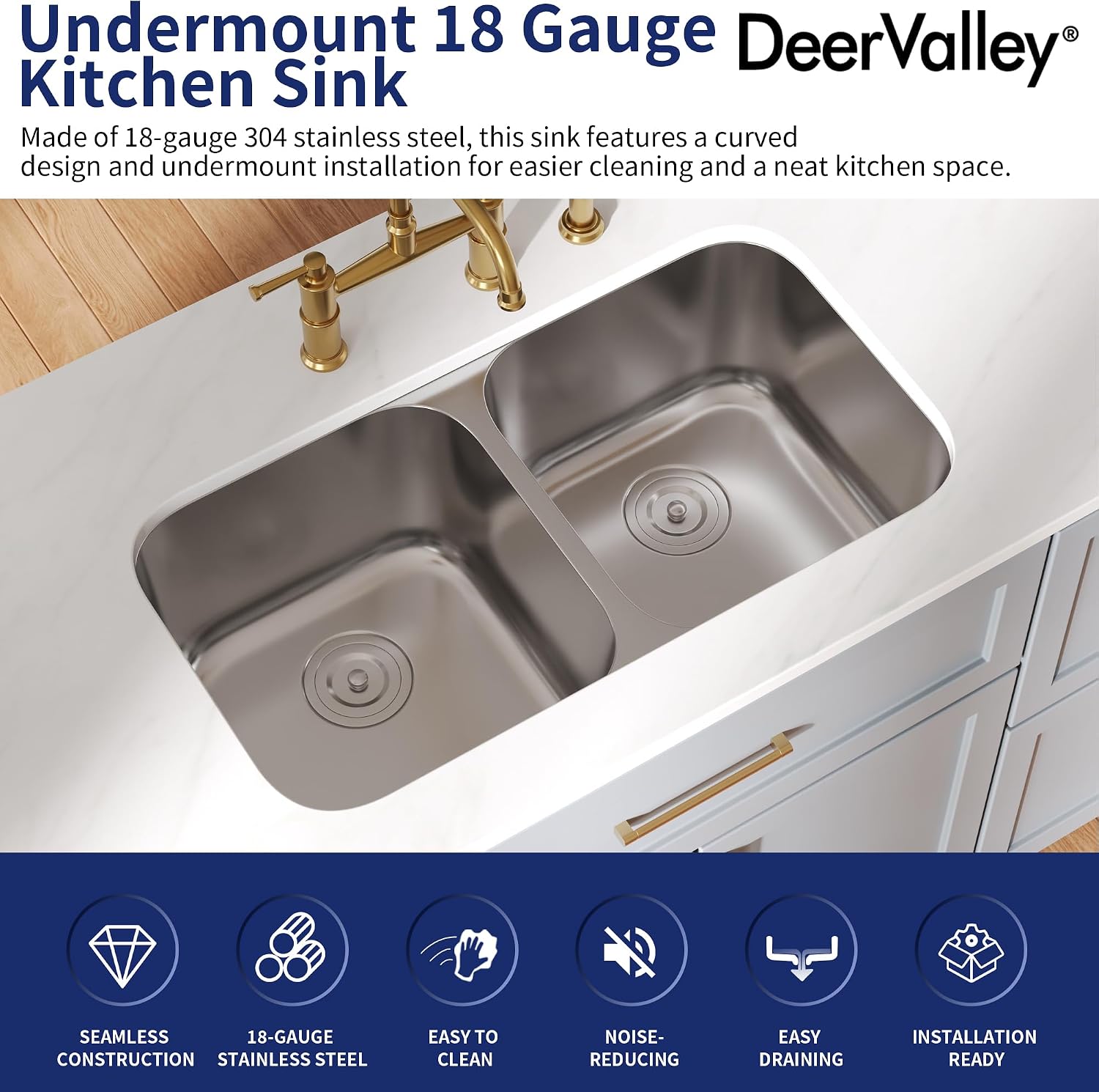 DeerValley 32 Inch Undermount Double Bowl Kitchen Sink 50/50 18 Gauge Stainless Steel Kitchen Sink Spacious Double Basin Design Sinks with Basket Strainer Undermount Sinks for Modern Kitchens
