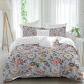 White Pink Flowers Duvet Cover Set Queen Size 4 Pieces Ethnic Retro White Floral Birds Light Purple Bedding Set with Zipper Closure, 1 Comforter Cover 92x106 Inches 1 Flat Sheet & 2 Pillow Cases