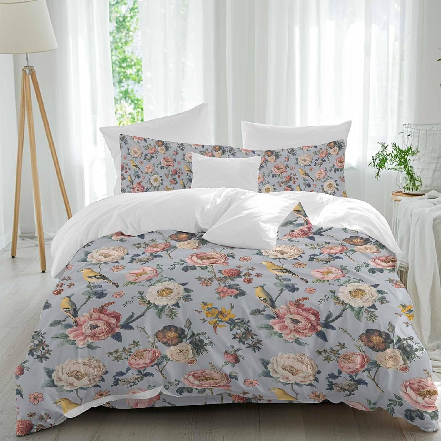White Pink Flowers Duvet Cover Set Queen Size 4 Pieces Ethnic Retro White Floral Birds Light Purple Bedding Set with Zipper Closure, 1 Comforter Cover 92x106 Inches 1 Flat Sheet & 2 Pillow Cases