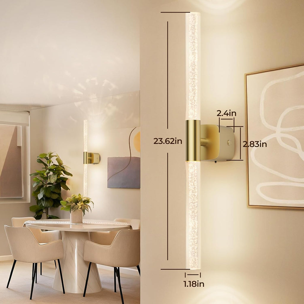Battery Operated Wall Sconce Set of 2 Brushed Gold 12000mAh Rechargeable Wall Light with Crystal Acrylic 24' Wireless CCT Dimmable 350°Rotate Remote Wall Lamp for Bedroom Living Room