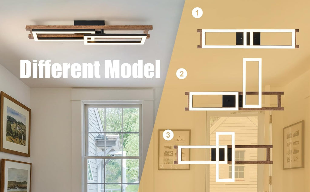 Lingkai 27.5' LED Modern Ceiling Lights Wooden Square Rectangular Lamp Fixture Wood, Modern Kitchen Ceiling Lighting Fixtures 3000K for Island Bedroom Living Room Hallways